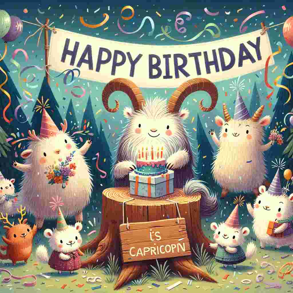 An endearing scene shows a group of animated forest creatures celebrating with a Capricorn friend. Streamers and confetti fill the air, and 'Happy Birthday' is etched onto a wooden sign, leaning against a tree stump that serves as a natural gift table.
Generated with these themes: Capricorn Birthday Cards.
Made with ❤️ by AI.