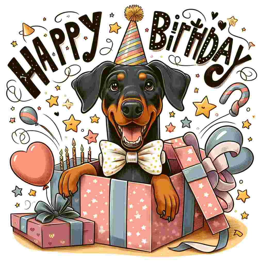 A cute cartoon scene for a birthday, portraying a Doberman Pinscher with a bow tie, popping out of a gift box. The 'Happy Birthday' message is displayed in a cheerful font, encircled by doodles of stars, hearts, and birthday hats.
Generated with these themes: Doberman Pinscher  .
Made with ❤️ by AI.