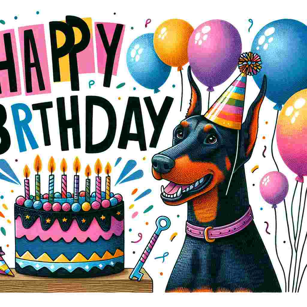 A whimsical birthday card illustration showcasing a cheerful Doberman Pinscher wearing a colorful party hat. It's surrounded by balloons and a cake with candles, with 'Happy Birthday' written in playful, bold letters at the top.
Generated with these themes: Doberman Pinscher  .
Made with ❤️ by AI.