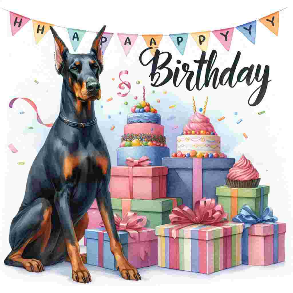 A watercolor-style birthday scene where a calm Doberman Pinscher sits beside a pile of gifts. Above it floats the text 'Happy Birthday,' with decorative elements like confetti and streamers gently falling in the background.
Generated with these themes: Doberman Pinscher  .
Made with ❤️ by AI.