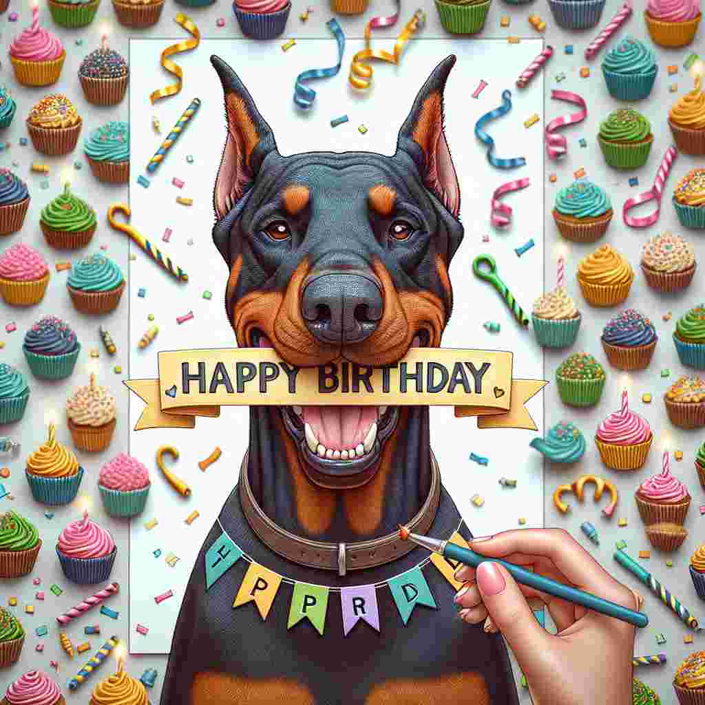 A digital art piece for a birthday setting, featuring an animated Doberman Pinscher with a big, joyful grin, holding a 'Happy Birthday' banner in its mouth. In the backdrop are cupcakes and party whistles, creating a festive mood.
Generated with these themes: Doberman Pinscher  .
Made with ❤️ by AI.