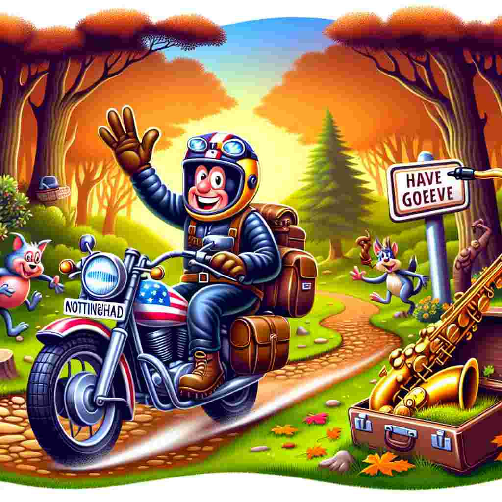 Create an amusing illustration displaying a farewell scene in a vibrant Nottingham Forest clearing. A motorcycle, boasting American license plates, is leaving the scene. A smiling rider, adorned in caving gear, waves a cheerful goodbye. The ambient background is imbued with the energetic spirit of Northern Soul, as woodland animals joyfully engage in dance. Carelessly placed right on a pile of autumn leaves, a saxophone emits soulful tunes, leaving a lingering resonance of jazz music in the forest paths.
Generated with these themes: Caving, Nottingham forest, Northern soul, Saxophone, Motorbikes, and American number plates.
Made with ❤️ by AI.