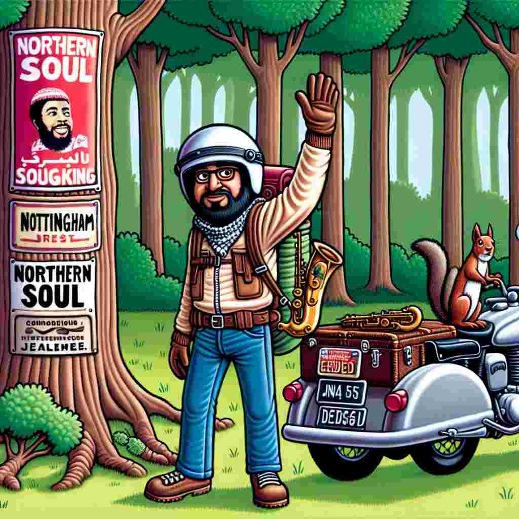 Create a humorous illustration of a character, of unspecified gender and of Middle-Eastern descent, wearing spelunking attire, waving goodbye in a whimsical Nottingham Forest setting. The forest is lush with trees that have funky Northern Soul posters plastered on their trunks. An audacious squirrel attempts to play a tune on a saxophone comically dangling from a tree branch. On the border of the forest, a motorcycle fitted with a sidecar is parked, exhibiting a selection of various American license plates, hinting at a forthcoming expedition.
Generated with these themes: Caving, Nottingham forest, Northern soul, Saxophone, Motorbikes, and American number plates.
Made with ❤️ by AI.