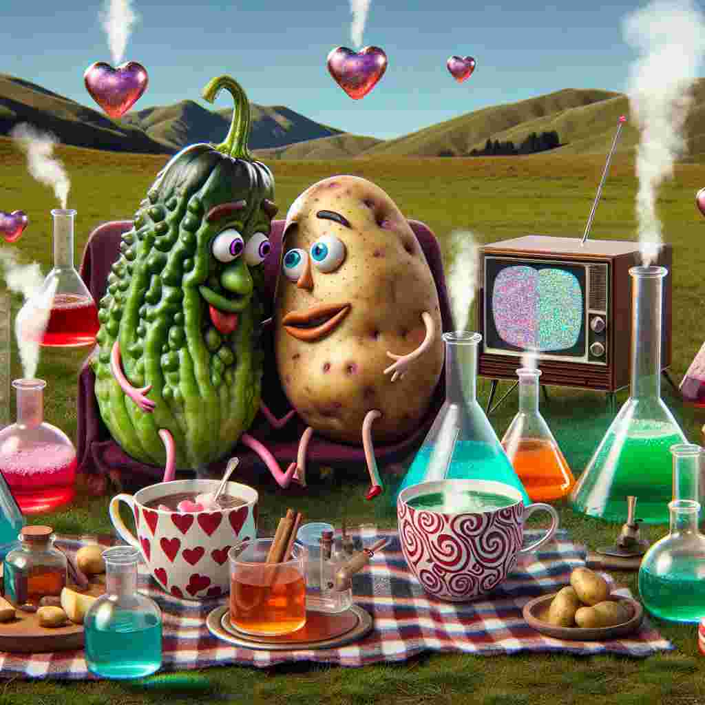 A whimsical scene in the heart of a New Zealand landscape features a giant gherkin and a potato embroiled in a quirky love affair. They find themselves surrounded by floating beakers and flasks, all filled with an array of vibrantly colored potions bubbling away. Ensconced on a checkered picnic blanket, these unlikely characters share a romantic moment, sipping on peculiar brews served in steaming teacups adorned with swirling heart patterns. Nearby, an old-fashioned television set is tuned in to an assortment of vintage science shows, generating a peculiar mix of oddity and charm that perfectly complements their Valentine's day outing.
Generated with these themes: Gherkin, Potatoes , Science, New Zealand, Tea, and TV.
Made with ❤️ by AI.