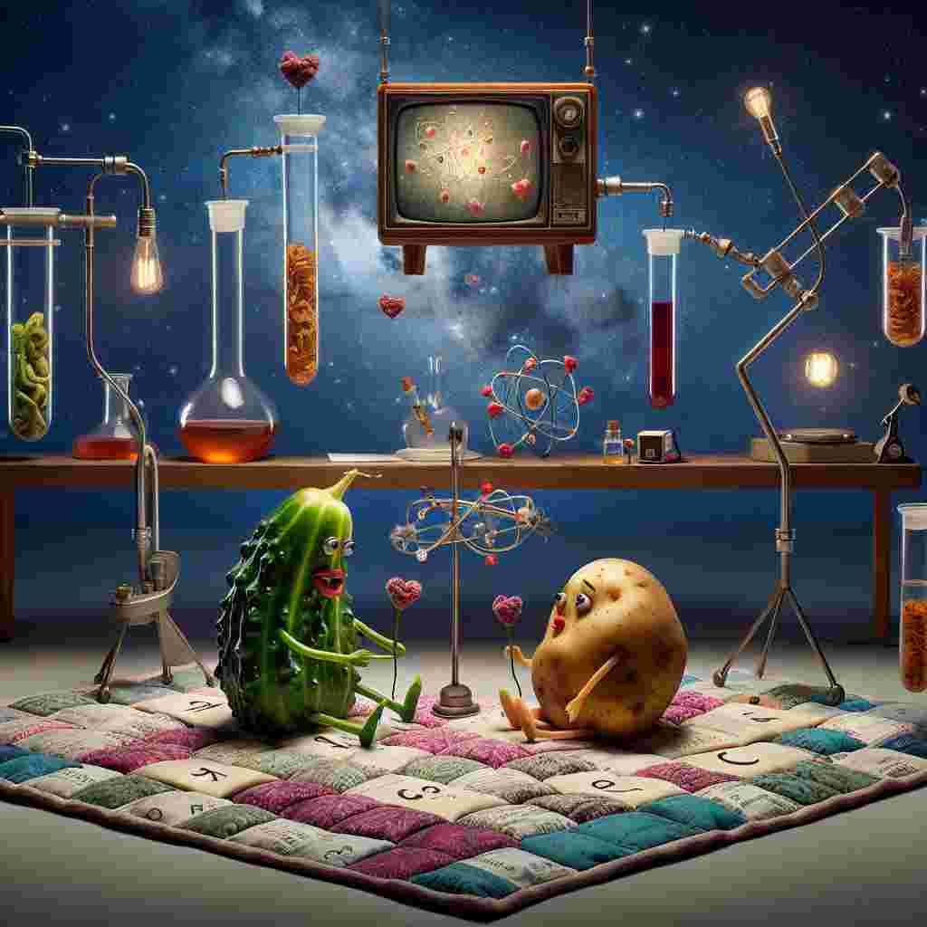 Picture an unconventional Valentine's Day in a world of magical realism. A sentient gherkin, alive and expressive, is serenading a bashful potato, both residing among scientific apparatus designed to look like hearts. The scene takes place under the celestial expanses of New Zealand's starry sky. They're sitting on a unique patchwork quilt crafted from tea bag labels, their tiny hands gripping glass test tubes filled with miniature Roses. Floating above is a TV, defying gravity and broadcasting a fascinating love story that creatively intertwines elements of romance and quantum physics. The vegetable couple is engrossed, their shared fascination capturing the essence of their extraordinary bonding.
Generated with these themes: Gherkin, Potatoes , Science, New Zealand, Tea, and TV.
Made with ❤️ by AI.