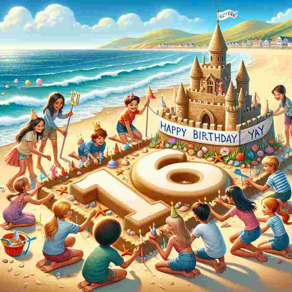 This delightful illustration captures the excitement of a 16th birthday at the beach. Kids are building a giant sand '16', adorned with seashells and starfish. A 'Happy Birthday' flag is planted atop a sandcastle, and the ocean forms a serene backdrop.
Generated with these themes: 16th kids  .
Made with ❤️ by AI.