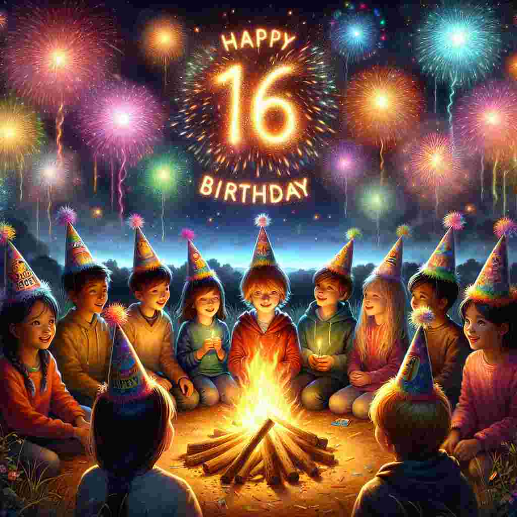 An enchanting nighttime birthday scene where kids, wearing party hats with the number '16', are gathered around a glowing bonfire. In the sky, fireworks spell out 'Happy Birthday', reflecting in the eyes of the celebrants and adding magic to the illustration.
Generated with these themes: 16th kids  .
Made with ❤️ by AI.