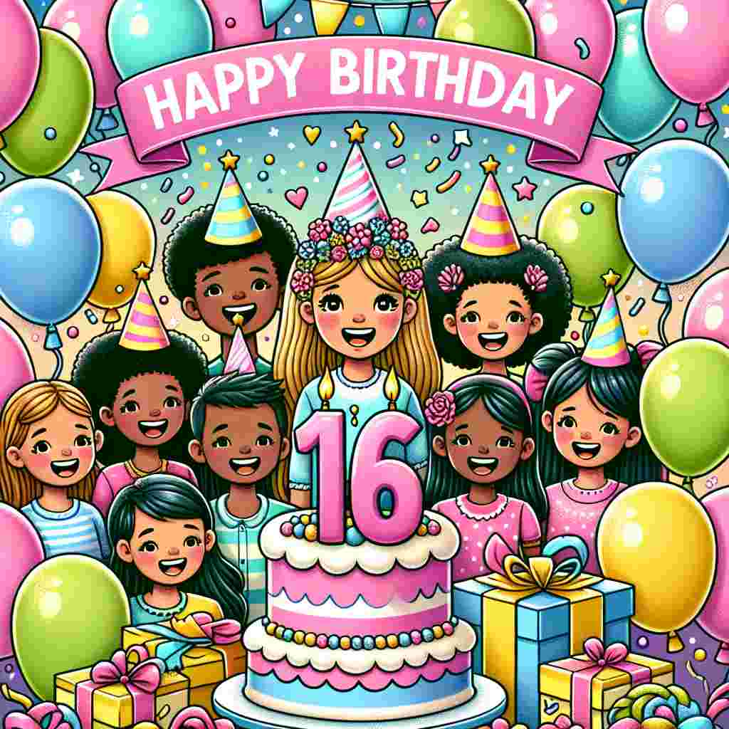 A charming illustration showcasing a sweet 16 birthday theme filled with pastel balloons and party hats. In the center, a group of happy kids holding the number '16' and surrounded by a colorful cake and gifts. 'Happy Birthday' is prominently featured above the festive scene.
Generated with these themes: 16th kids  .
Made with ❤️ by AI.