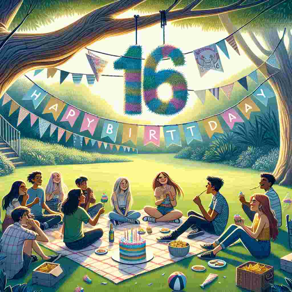 The scene unfolds with a playful park setting for a 16th birthday, complete with a picnic blanket where kids are laughing and sharing treats. A banner with 'Happy Birthday' flutters above, while a large '16' shaped pinata waits to be struck, adding to the youthful joy of the illustration.
Generated with these themes: 16th kids  .
Made with ❤️ by AI.
