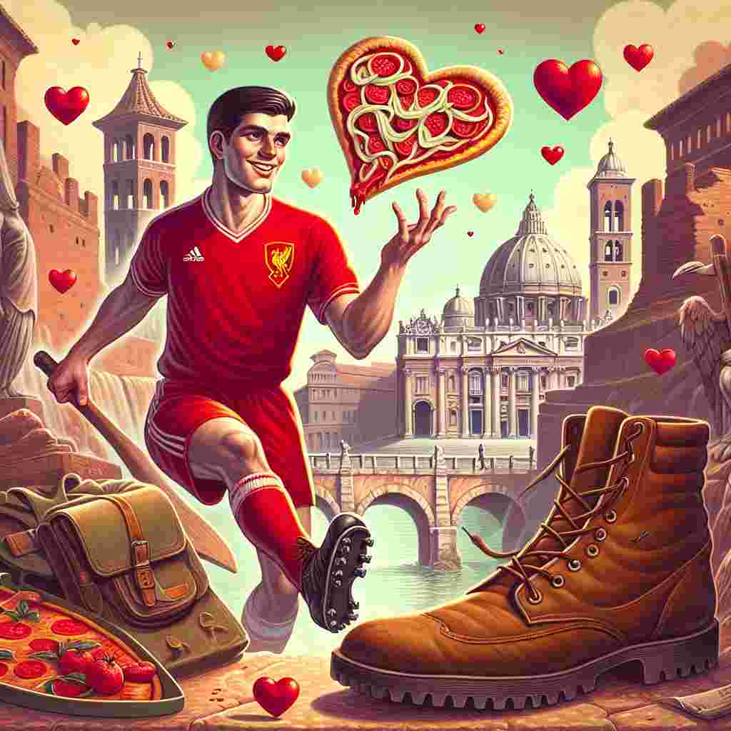 An enchanting Valentine's Day illustration depicting the vintage Rome cityscape with its aged relics and structures. In the center, a professional football player in a red jersey—resembling a typical Liverpool FC uniform—is playfully juggling a heart-shaped pizza with his foot. Ethereal hearts circulate him. On the ground below, a pair of rugged, tan boots lay isolated, suggesting a romantic exploration of the city. The pizza toppings cleverly form a set of fangs, paying homage to popular fictional vampire lore. The scene is painted in warm, vibrant colors, weaving together a playful yet romantic Valentine's narrative.
Generated with these themes: Liverpool FC, Pizza, The Vampire Diaries, Rome, Timberland Boots, and Mo Saleh.
Made with ❤️ by AI.