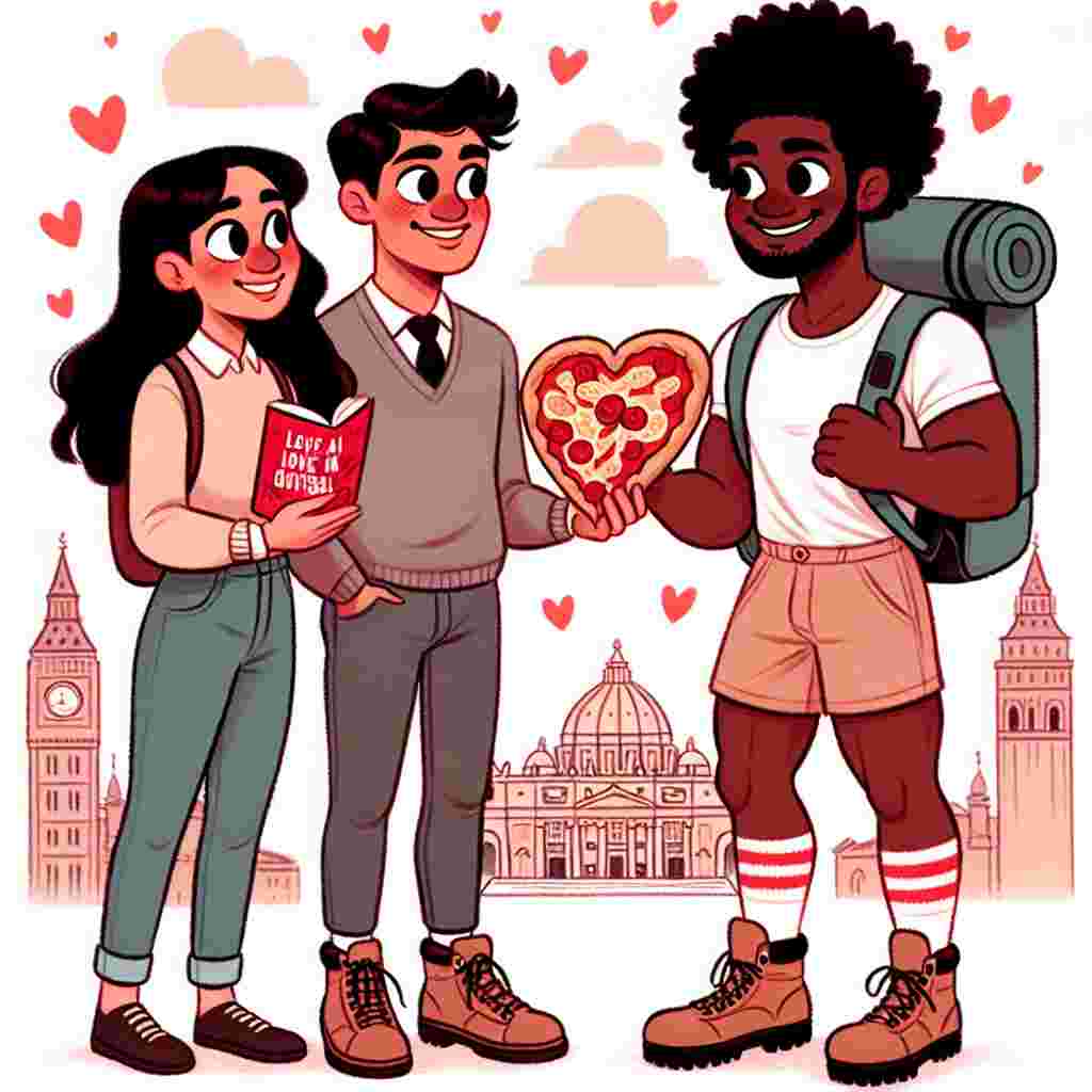 In a cute, whimsical depiction of Valentine's in Rome, the illustration showcases a Hispanic man and a Black woman sharing a pizza shaped like a heart. Each wears a sturdy hiking boot on one foot and a sports-themed sock on the other, hinting at a shared love for walking and football. A cartoon-style depiction of a universally recognized and talented football player, sporting a similar haircut and physique to Mo Salah, stands by grinning and holding a popular teen romance novel, suggesting a cozy evening plan. The scene is framed by softly sketched landmarks of Rome, with floating hearts enveloping the scene in a Valentine's embrace.
Generated with these themes: Liverpool FC, Pizza, The Vampire Diaries, Rome, Timberland Boots, and Mo Saleh.
Made with ❤️ by AI.