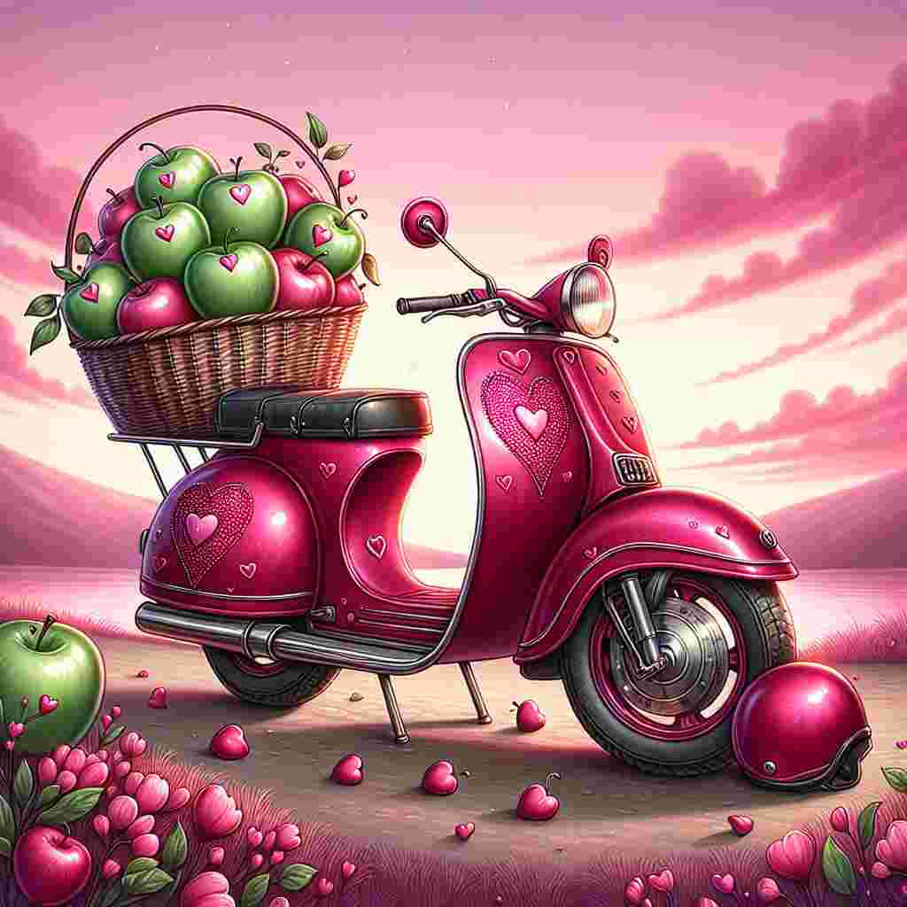 Create a whimsical Valentine's Day illustration featuring a vividly crimson motorbike adorned with delicate hearts in its central design. This motorbike has a basket attached to the backseat, filled to the brim with glossy green apples. The apples are detailed to each have a tiny pink heart sticker placed on them. The backdrop for this scene is a gentle hill with a dreamy pastel sky that displays gorgeous hues of a pink and purple sunset. Two helmets lie against the bike, hinting about an imminent romantic ride share between two unseen individuals.
Generated with these themes: Motorbike, and Apples.
Made with ❤️ by AI.