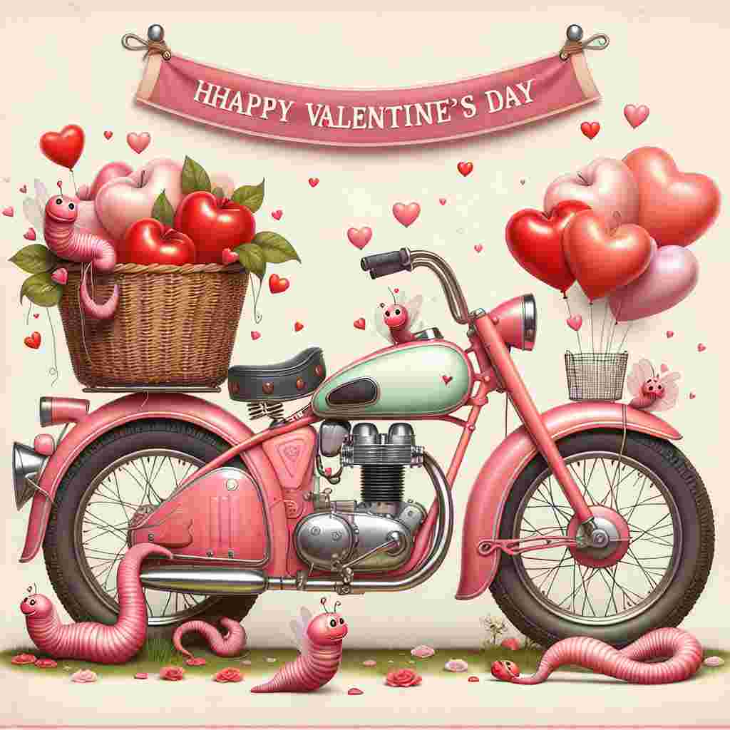 Generate an image of a retro motorbike colored in pastel shades of pink and red. This motorbike is positioned against a whimsical, romantic scene suited for Valentine's Day. The front basket on the motorbike overflows with vibrant red apples, amongst which live charming worms who are smitten with love, illustrated by their hearts-for-eyes expression. Suspended above the setting is a banner that softly sways in the gentle breeze, bearing the message 'Happy Valentine's Day.' Tied to the handles of the bike, heart-shaped balloons gently float in the air.
Generated with these themes: Motorbike, and Apples.
Made with ❤️ by AI.