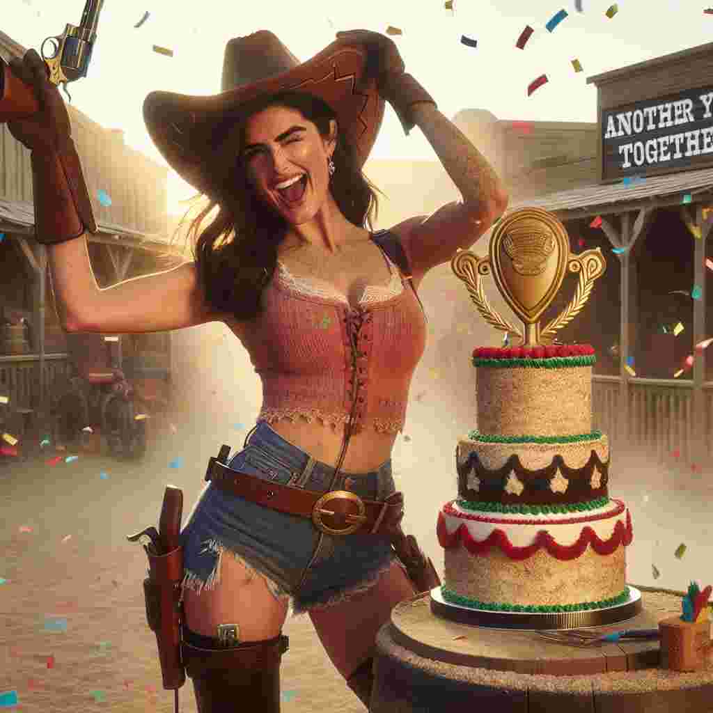In a rustic Western town filled with dust, a gleeful cowgirl of Hispanic descent, her hat tilted back, triumphantly holds up a novelty item shaped like a trophy. Her other hand rests on an enormous, festively adorned anniversary cake, inspired by the design of a saddle. The cowgirl playfully winks at the imagined audience, suggesting a lively celebration. Multicolored confetti sprinkles down from the sky, creating an atmosphere of joy and revelry. Behind her, a sign swing gently, its message reading, 'Another Wild Year Together!', adding to the celebratory mood of the scene.
Generated with these themes: Cowgirl , and Dildo.
Made with ❤️ by AI.