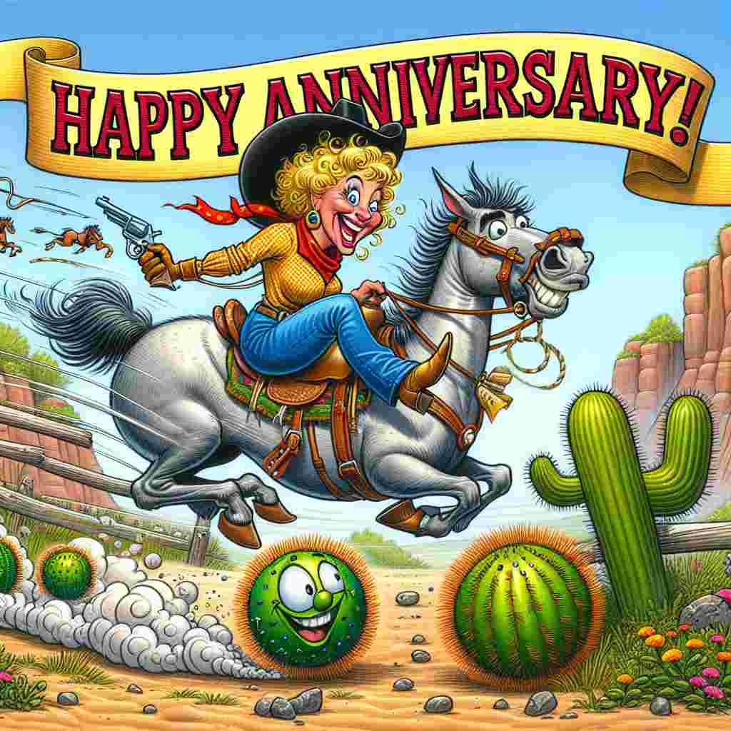 In this humorous cartoon to celebrate an anniversary, a Caucasian cowgirl with a playful smirk rides fearlessly in the Wild Western landscape. Instead of a traditional steed, she amazingly rides a bouncing novelty item. As they leap over prickly cacti and whizz past rolling tumbleweeds, a banner fluttering overhead declares 'Happy Anniversary!' in bold, vibrant letters. The scene teems with joyful absurdity, perfectly reflecting the spirit of a couple who relishes a good laugh together.
Generated with these themes: Cowgirl , and Dildo.
Made with ❤️ by AI.