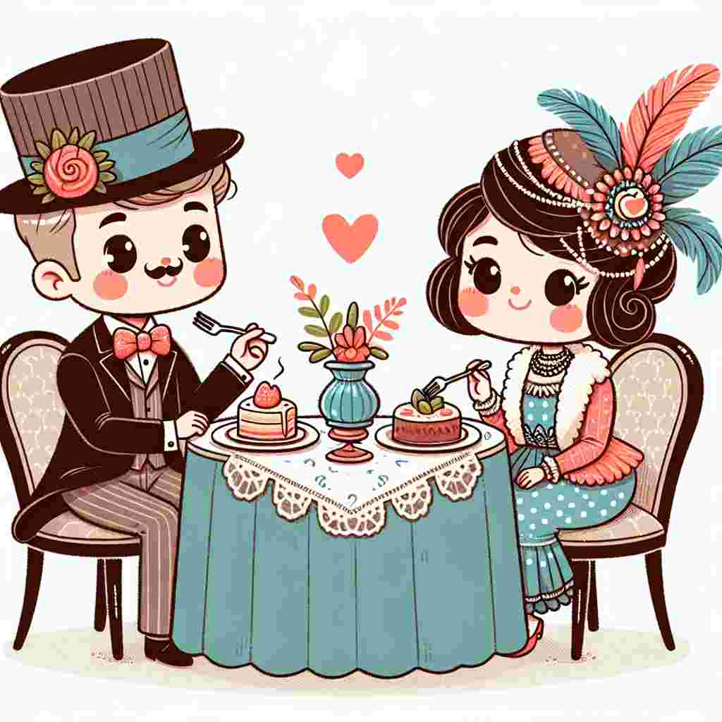 A charming illustration of a cartoon couple, a stiffly dignified man with classic attire and a quirky lady with feathers, spending quality time together on Valentine's Day. They are seated at a small, cozy table adorned with craft accents, sharing a delightful meal of finely plated food, symbolizing love and commitment.
Generated with these themes: Dick, Chicken Pesto, Time together, Craft, and Nice food.
Made with ❤️ by AI.