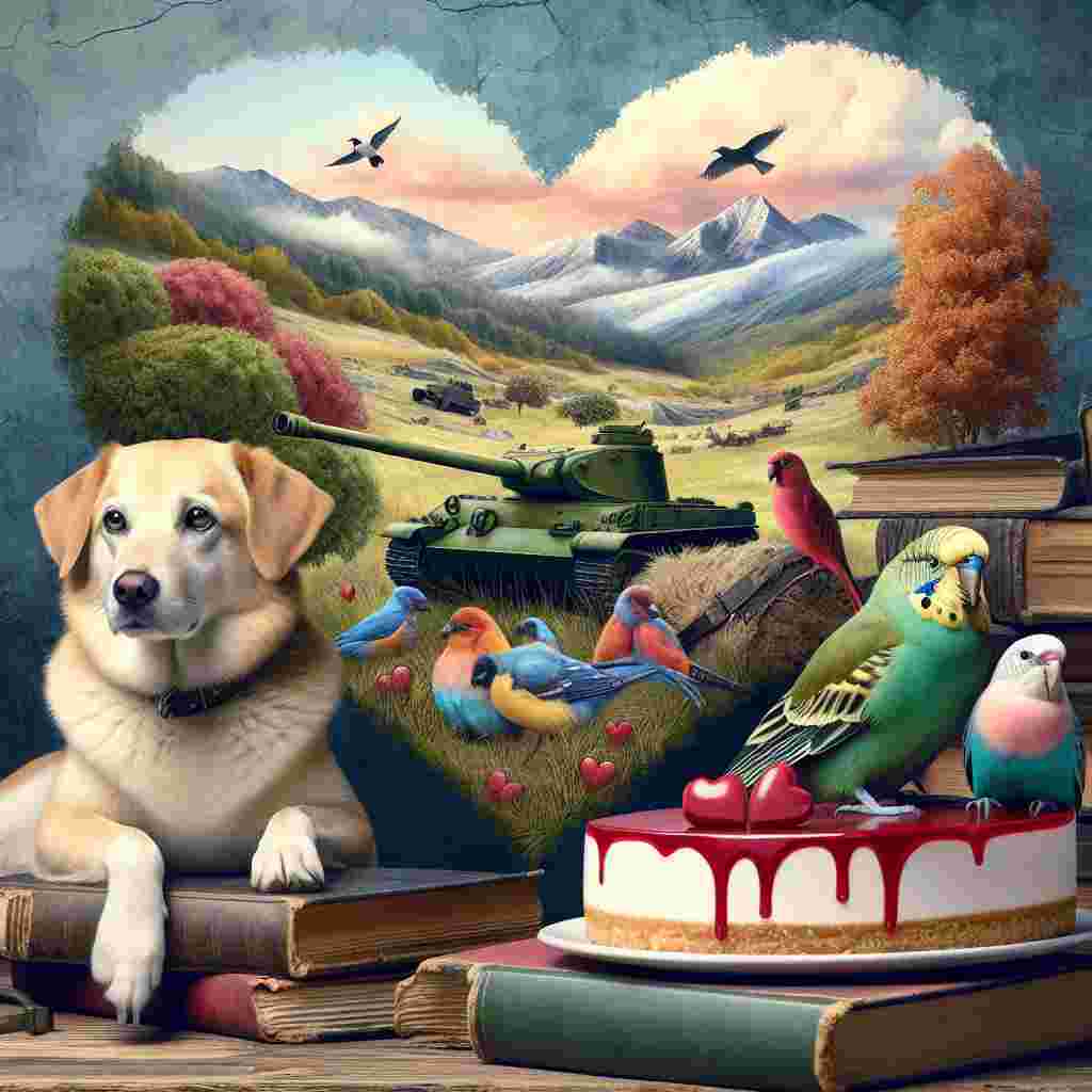Create a tranquil Valentine's Day image featuring an endearing canine companion and a duo of colorful avians resting amidst a collection of age-old books. Subtly incorporated into the hilly landscape in the background, a vague shape of a military tank transforms into a serene hiking sight, blending the notions of love and peace. Dominating the foreground is a heart-shaped cheesecake, a delectable symbol of the sweetness of love, further enhancing this harmonious depiction.
Generated with these themes: Books, Dogs, Tanks, Birds, Hiking, and Cheesecake.
Made with ❤️ by AI.
