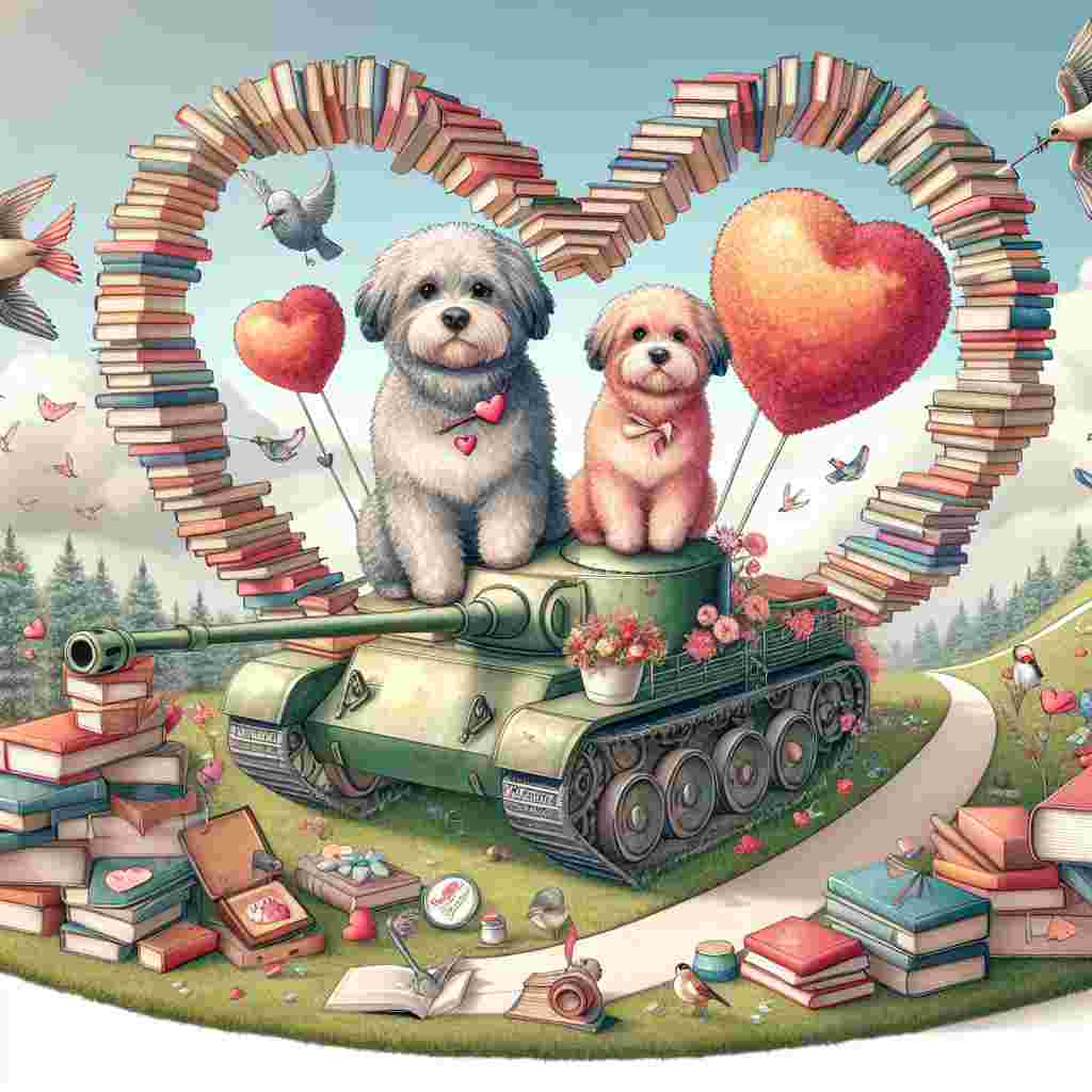 Imagine a delightful scene themed around Valentine's Day. Two adorable, fluffy dogs of mixed breed sit atop an antiquated tank. Surrounding the tank is a heart-shaped collection of books of various genres and colors. Above, a flock of birds, each carrying a romantic message in their beaks, flutter around. Tucked into one corner is a hiking trail, making its winding path up to a peaceful viewpoint which overlooks a sprawling vista. At the core of this scene, a delicious cheesecake is featured, pierced by an arrow associated with Cupid, signifying a sweet treat for the romantic occasion.
Generated with these themes: Books, Dogs, Tanks, Birds, Hiking, and Cheesecake.
Made with ❤️ by AI.