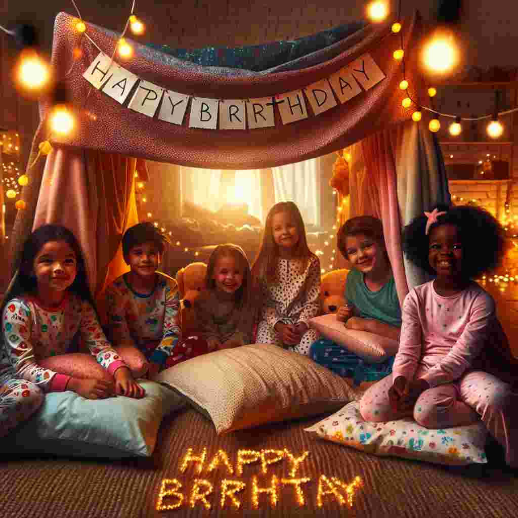 A cozy indoor scene with seven kids having a pajama party, complete with a pillow fort and string lights. In the foreground, there's a homemade birthday banner with 'Happy Birthday' penned in glitter. The warm glow of the room highlights a night of stories, games, and the camaraderie of friends.
Generated with these themes: 7th kids  .
Made with ❤️ by AI.