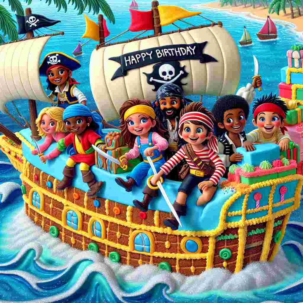 A cartoon illustration showcases seven children aboard a pirate ship made of cake, sailing on a sea of blue icing. They're dressed in pirate outfits, searching for birthday treasure. 'Happy Birthday' is spelled out in the sails, and the ship is docked at an island with presents and palm trees.
Generated with these themes: 7th kids  .
Made with ❤️ by AI.