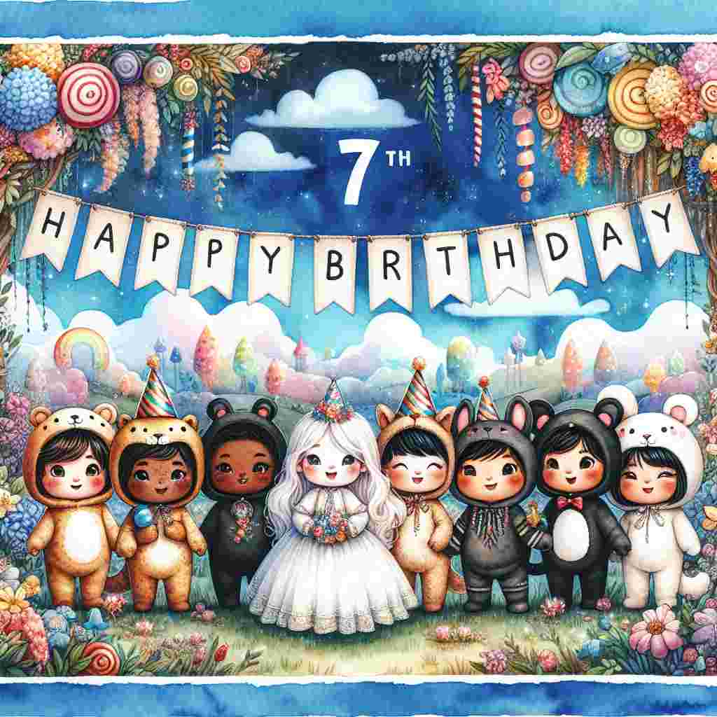 A whimsical watercolor painting depicting a group of seven kids in animal costumes, holding a banner that reads 'Happy Birthday'. The background is a fantasy forest filled with sweets-like flowers and a clear blue sky. Each child is depicted with a joyful expression, capturing the essence of a magical 7th birthday party.
Generated with these themes: 7th kids  .
Made with ❤️ by AI.