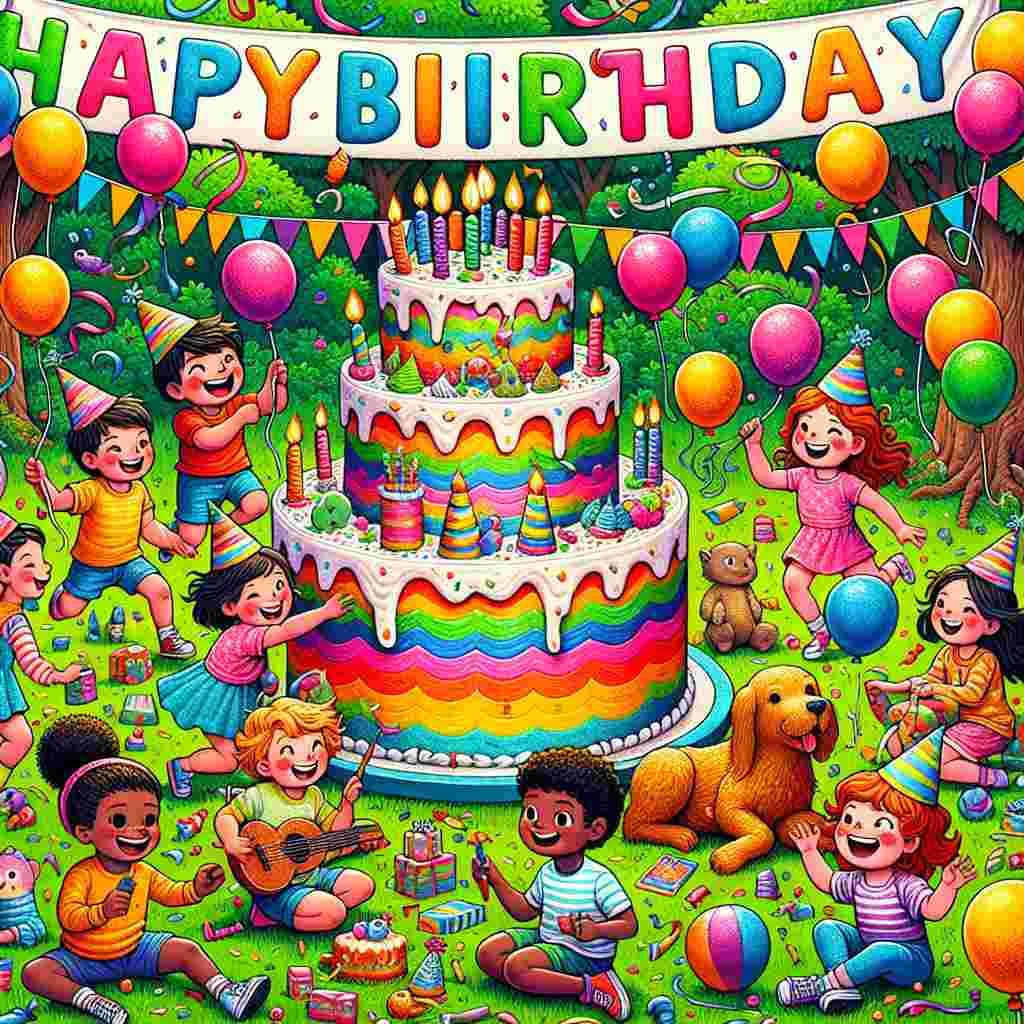 A vibrant illustration featuring seven kids around a large, colorful birthday cake in a park setting. Balloons and streamers fill the air as they play various games. In the center, the words 'Happy Birthday' are written in bold, playful letters, with small animals wearing party hats scattered throughout the scene.
Generated with these themes: 7th kids  .
Made with ❤️ by AI.