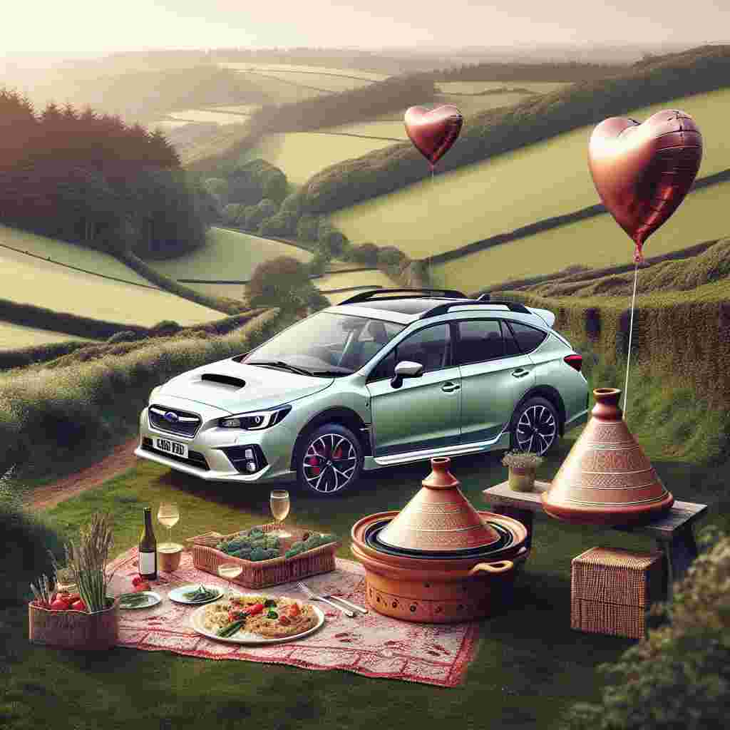 Create an image that portrays the essence of Valentine's Day set in the charming backdrop of English countryside. Visualize a pearly white car, specifically a Subaru Impreza Estate, parked amidst lush green fields. By it is a Moroccan-style picnic, highlighted with a traditional tagine, implying an intermix of exotic spices with the fresh ambience of the rural backdrop. Enrich the scene with playful heart-shaped balloons suspending in the sky, marking the celebration of love and shared adventures.
Generated with these themes: Subaru impreza estate, English fields, and Morrocan tagine.
Made with ❤️ by AI.