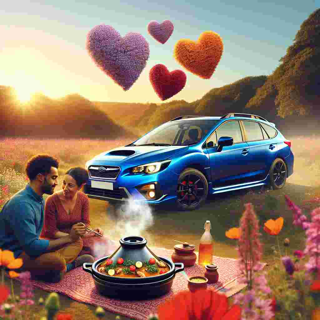 Create a lovely Valentine's Day themed image featuring a cobalt blue Subaru Impreza Estate car parked in a tranquil English meadow adorned with assorted wildflowers. Inside the vehicle, a Hispanic man and a Black woman engaged in a tender moment, looking into each other's eyes over an aromatic and vibrantly colored Moroccan tagine meal. The rising steam from the meal forms adorable heart shapes, floating up against the warm hues of a setting sun, adding a whimsically romantic element to the entire setting.
Generated with these themes: Subaru impreza estate, English fields, and Morrocan tagine.
Made with ❤️ by AI.