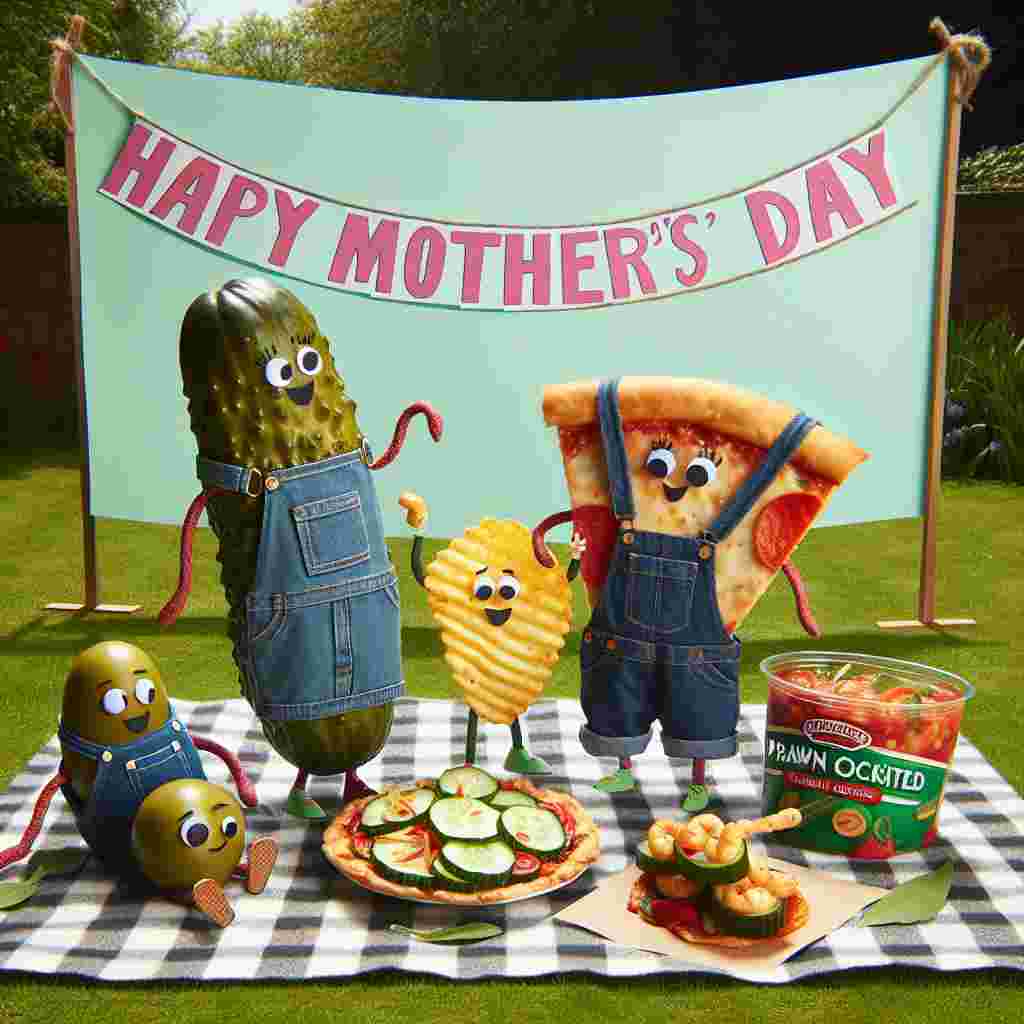Compose a light-hearted vector style image to celebrate Mother's Day. Display an unconventional picnic scene in a garden where foods are anthropomorphized and dressed in dungarees. Include a gherkin dressed in unique denim overalls, gleefully interacting with a group of three prawn cocktail crisps comfortably sitting on a checkered blanket. Incorporate an olive in overalls swiftly passing by, using a slice of pizza as a makeshift picnic mat. To augment the charm, have all this happening under a banner that proudly proclaims 'Happy Mother's Day'.
Generated with these themes: Gherkins , Prawn cocktail crisps, Olives, Pizza, and Dungarees.
Made with ❤️ by AI.