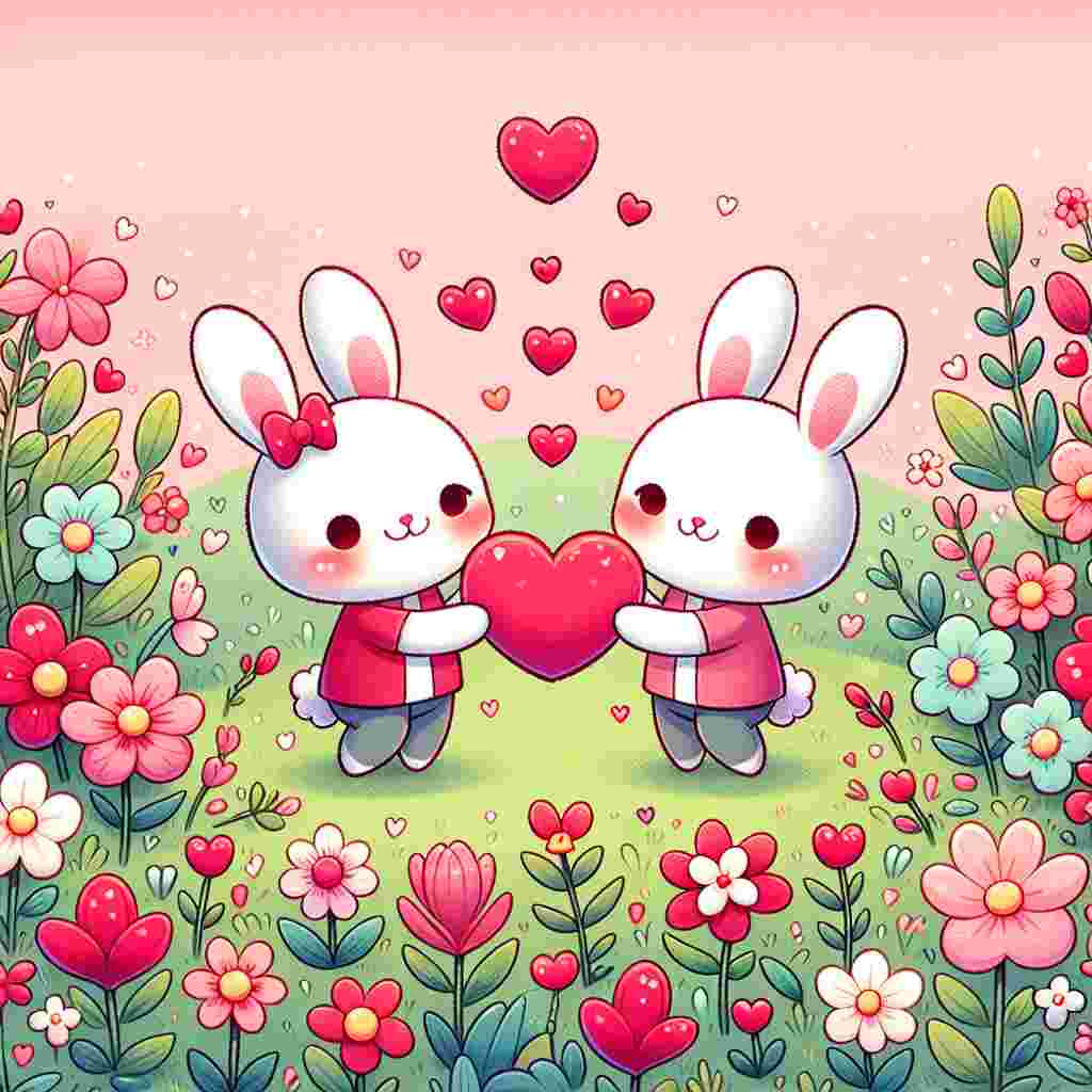 Create a charming illustration of two cartoon rabbits who are holding hands in a lush field overflowing with bright and vibrant flowers. There's an emphasis on heart-shaped flowers that are red and pink in color, creating a romantic ambience. The background is speckled with adorable, tiny hearts that appear to be floating in the air, carried by a gentle breeze – this symbolizes the ethereal lightness and delicate nature of affection, perfectly embodying the spirit of Valentine's Day.
Generated with these themes: Flowers.
Made with ❤️ by AI.