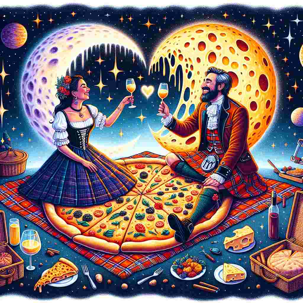 Create a composition set against the backdrop of outer space, decorated with shimmering stars and various planets. In the prominent foreground, depict an elated Caucasian man and a joyful Hispanic woman. They are both dressed in traditional Scottish outfits and are sharing a tender moment on a picnic blanket that is designed to look like a gigantic pizza. They are having a toast with their wine glasses, filled to the brim with molten cheese, beneath a nebula emitting a warm, heart-shaped illumination. An endearing addition to the scene is a moon, designed to look like it's made of cheese, casting its gentle light over the couple. The overall theme is an eclectic mix of love, pizza, space, and Scottish culture in a Valentine's Day inspired illustration.
Generated with these themes: Pizza, Space, Scotland , and Cheese.
Made with ❤️ by AI.