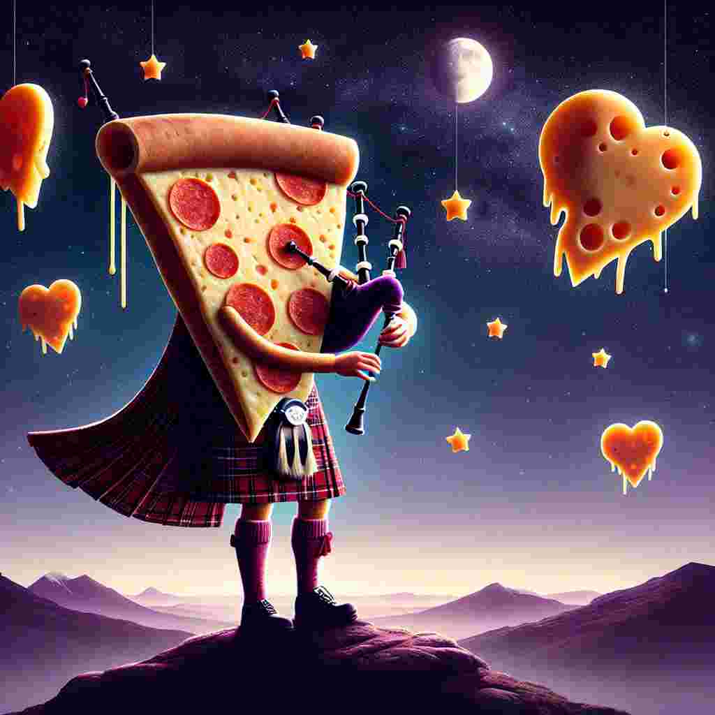 Visualize a whimsical illustration themed around Valentine's Day. The central figure is an anthropomorphic slice of pizza wearing a traditional Scottish kilt. This pizza slice is floating amidst a starry backdrop of outer space. The unique twist to the scene is the slice of pizza playing bagpipes, from which not music notes, but hearts are being emitted. The cosmos is not empty, though, it is populated with large chunks of cheese crafted into the shapes of stars and moons, adding a playful, cheesy charm. The spectral silhouette of the Scottish Highlands anchors the scene in the distant background, creating a poignant blend of earthly and cosmic romance.
Generated with these themes: Pizza, Space, Scotland , and Cheese.
Made with ❤️ by AI.