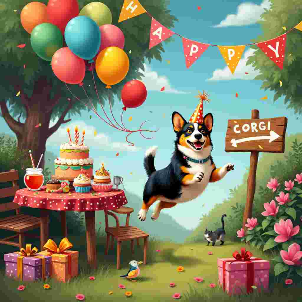 In the vibrant scene of a lively birthday party, imagine a quirky and whimsical garden setting. The centerpiece is a playful Blackheaded Tricolor Pembroke Welsh Corgi, wearing a tiny, brightly colored party hat perched slightly askew on its head. The Corgi is mid-leap, its expressive face showing a wide, jubilant smile, and its short legs spread out in gleeful abandon as it chases a bunch of helium balloons that have escaped into the air. The balloons are a mix of vivid colors – red, blue, yellow, and green – each with shiny, reflective surfaces that catch the sunlight.

In the background, there is a rustic wooden table covered with a cheerful, polka-dotted tablecloth in shades of red and white. The table is laden with an array of birthday treats: a multi-tiered cake adorned with colorful candles, a bowl of punch with a ladle, and an assortment of cupcakes with sprinkles. Scattered around the base of the table are gift boxes wrapped in an array of bright, patterned papers and topped with large, exaggerated bows.

Adding to the festive chaos, a few other party animals – perhaps a mischievous cat batting at a streamer, and a bird perched on a chair nibbling at a cracker – bring additional layers of activity to the scene. Overhead, festive bunting strung between trees sways gently in the breeze, with each triangle flag bearing a letter that collectively spells out “Happy Birthday!” 

To the side, there’s a hand-painted wooden sign staked into the ground that reads “Corgi Carnival” with an arrow pointing towards the festivities, hinting at a playful theme for the party. The entire scene is set against a backdrop of lush green grass, blooming flowers in a riot of colors, and a clear blue sky dotted with fluffy white clouds. 

This detailed depiction ensures every element tells a part of the story, celebrating the joy and exuberance of a birthday through the delightful antics of a Blackheaded Tricolor Pembroke Welsh Corgi.
Generated with these themes: Blackheaded Tricolor Pembroke Welsh Corgi.
Made with ❤️ by AI.