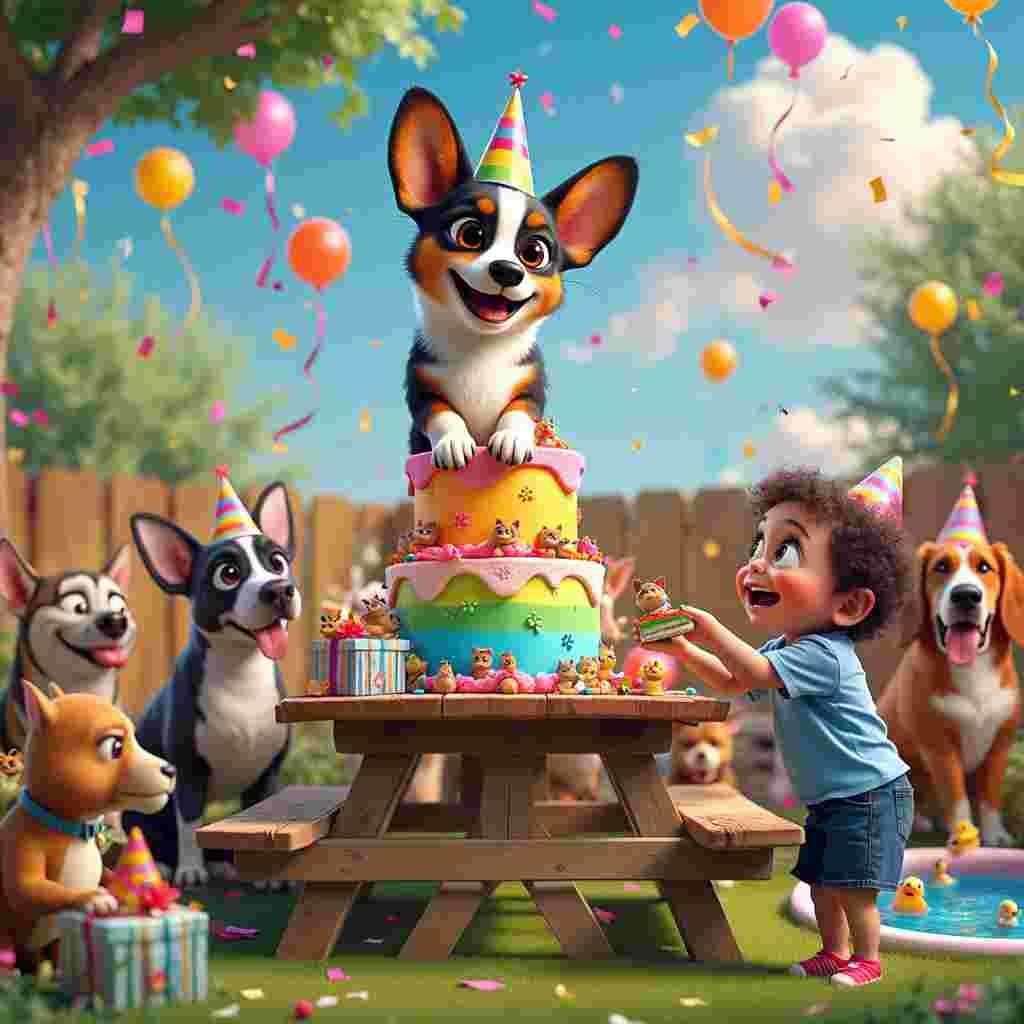 In the vibrant heart of a whimsical birthday party, a Blackheaded Tricolor Pembroke Welsh Corgi named Baxter stands as the undisputed star. The scene unfolds in a colorful backyard, filled with a riot of balloons in every shade of the rainbow, streamers cascading from the trees, and a banner that reads "Happy Barkday!" in bold, playful letters. Baxter, with his expressive black-tipped ears perked up and a wide, mischievous grin on his face, is dressed in a tiny, brightly colored party hat that's slightly askew. He's perched on his hind legs atop a picnic table, his front paws expertly balancing a massive, multi-layered birthday cake decorated with paw prints and dog bones made of icing. The cake is a spectacle in itself, with each tier a different vibrant color and adorned with little figurines of Baxter in various playful poses.

Surrounding Baxter, a gathering of animated guests claps and cheers – a diverse crowd including a tabby cat wearing a bow tie, a tortoise with a tiny party hat, and a parrot holding a noise maker in its beak. On the table, next to the cake, sits an array of presents wrapped in shimmering paper, each with a tag bearing paw print designs and tiny bite marks from curious party-goers. The grass beneath the table is littered with confetti and colorful dog toys, while a small inflatable pool in the background is filled with bobbing rubber ducks and more doggie friends splashing about.

In the foreground, a small, overexcited child with freckles and a gap-toothed smile holds out a slice of cake to Baxter, whose eyes are gleaming with anticipation. Behind them, the sky is a perfect cerulean blue, with fluffy white clouds and a sun that wears sunglasses, beaming down on the cheerful chaos. The scene is bursting with energy, every inch packed with delightful details that capture the joyous essence of a dog's birthday celebration.
Generated with these themes: Blackheaded Tricolor Pembroke Welsh Corgi.
Made with ❤️ by AI.