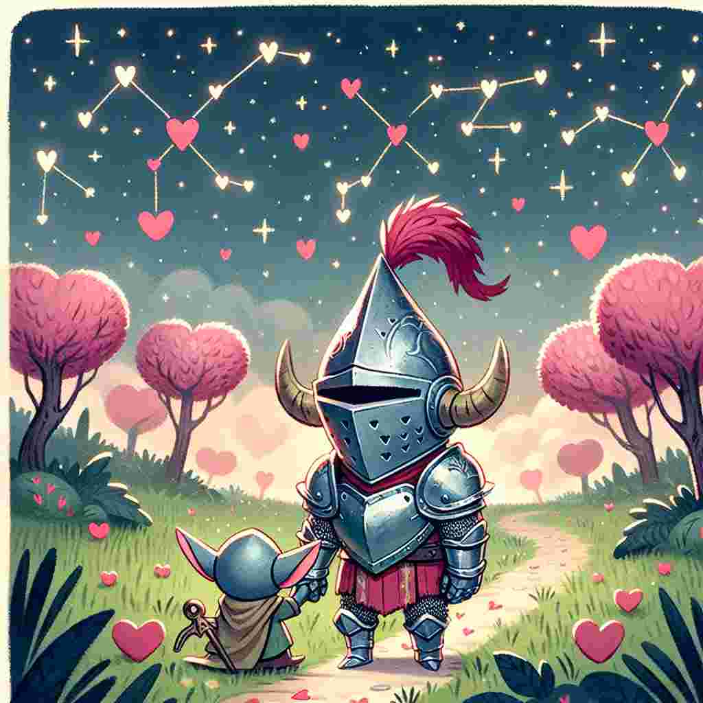 In this charming Valentine's Day themed illustration, an armored figure in a whimsical cartoon style is depicted, hand in hand with a small, pointy-eared creature, as they meander down a pathway hemmed by heart-shaped trees. Overhead, the sky is filled with twinkling stars that subtly form constellations mirroring hearts, while the figure's characteristic helmet, adorned with pink and red hearts, sits on the verdant grass close by, symbolizing his openness to love on this significant day.
Generated with these themes: Mandalorian .
Made with ❤️ by AI.