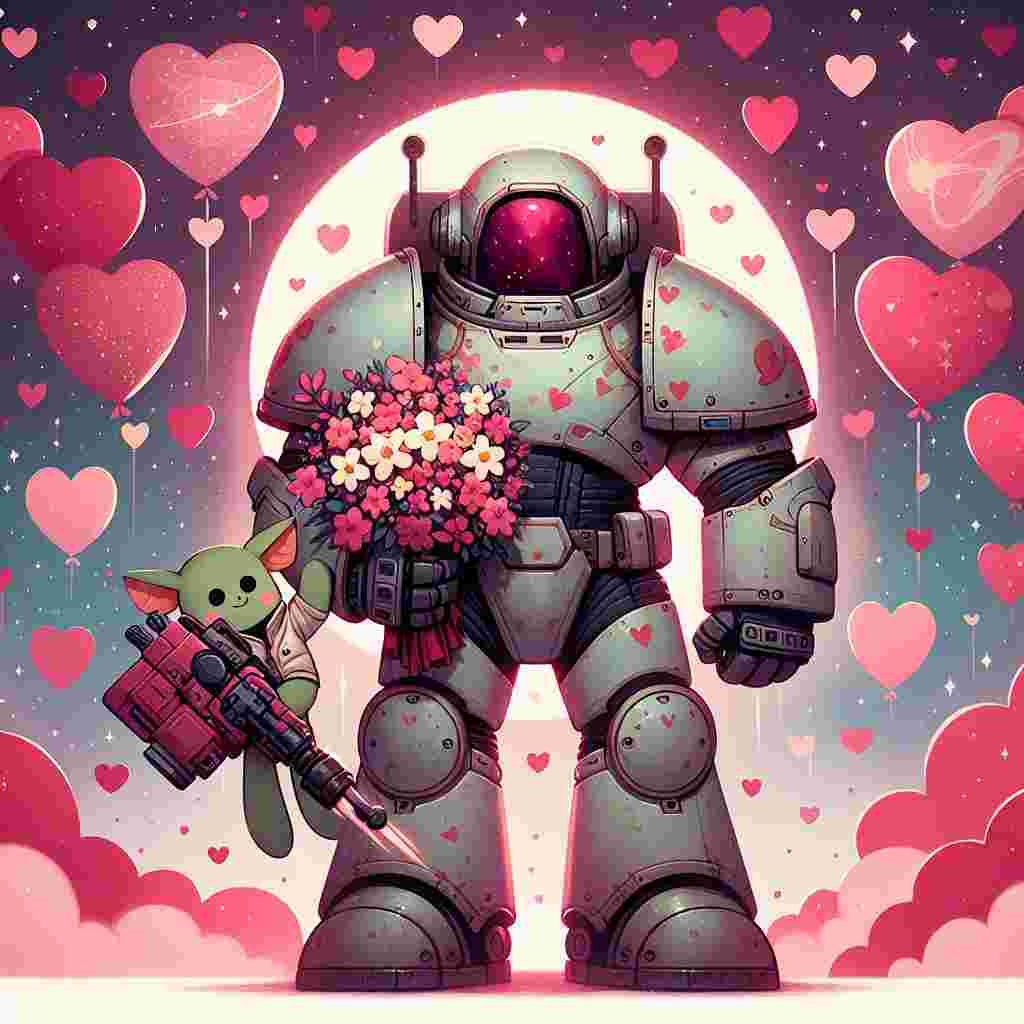 A heartwarming illustration for Valentine's Day presents an adorable scene where an armored character, reminiscent of those often depicted in space operas, stands beneath a billboard of heart-shaped prints that are reminiscent of galaxies. He poses with his helmet tucked under his arm, while a small green creature with large ears peeks from behind his leg, proffering a bouquet of cosmic flowers in shades of red and pink. Floating heart-shaped balloons and the overlay of a soft rose-colored hue signify the affection palpable in the air.
Generated with these themes: Mandalorian .
Made with ❤️ by AI.