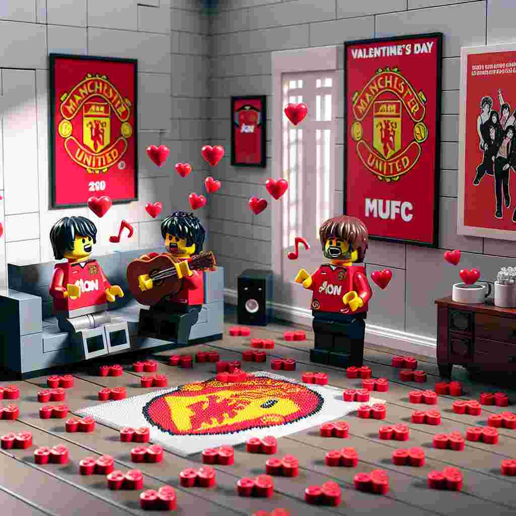 An entertaining Valentine's Day cartoon scene set in a comfortable living room decorated with MUFC (Manchester United Football Club) merchandise. The floor is covered with heart-shaped Lego bricks creating a playful ambiance. Two Lego characters, resembling musicians from an anonymously iconic band, are involved in a comical serenade, singing love songs to each other that are humorously out of tune. The walls of the room display posters of a popular, non-specific rock band, adding a touch of edgy energy to the romantic setting.
Generated with these themes: MUFC, lego, Stone Roses.
Made with ❤️ by AI.