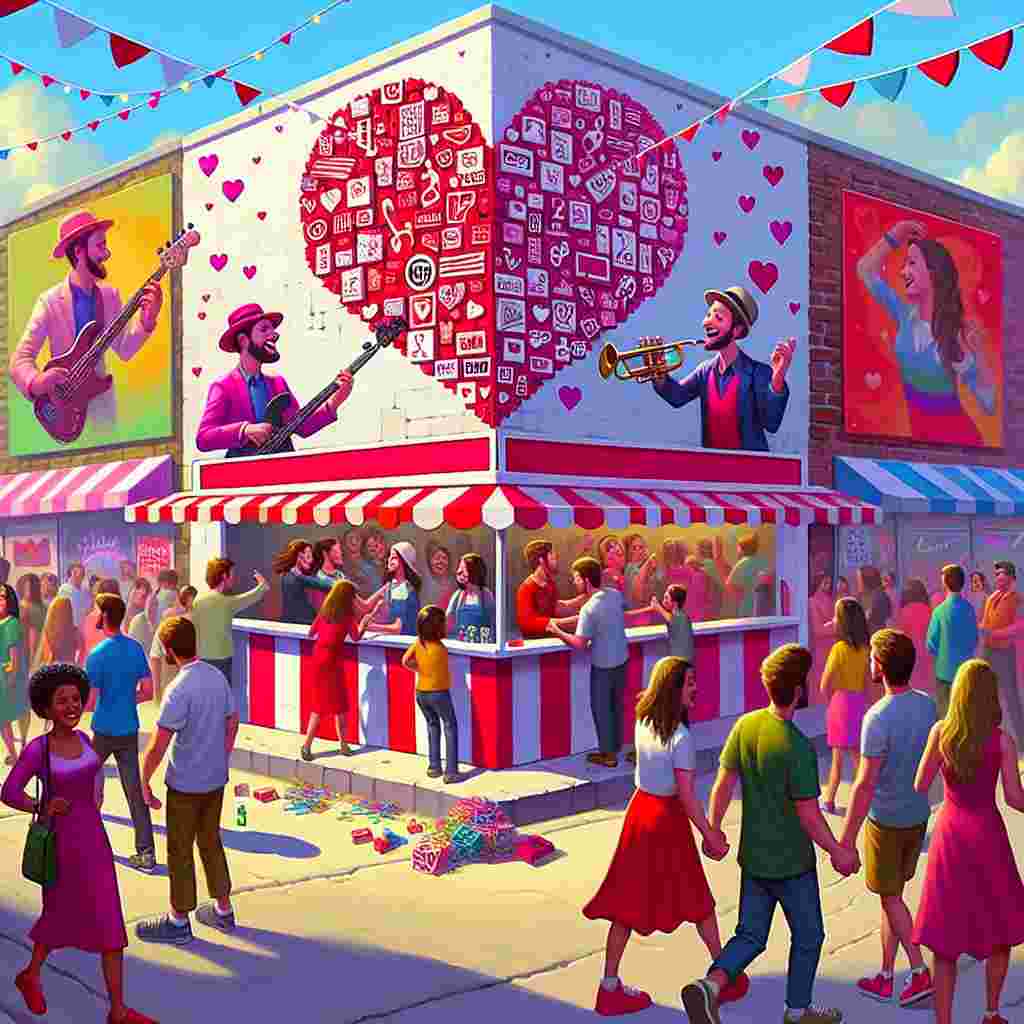 Depict a vivid street corner featuring a Valentine's Day carnival. Highlight a booth that is decorated in various shades of red and white. At this booth, cartoons of four musicians not based on real individuals are engaging in comical dialogue about love while assembling a large heart from interconnecting toy blocks. The air is filled with chuckles as people walking by are holding hands, each person showcasing celebratory paper crowns that are embellished with abstract logos artistically entwined within the heart-shaped design. Don't forget to paint the scene with a diversity of people in terms of gender and descent.
Generated with these themes: MUFC, lego, Stone Roses.
Made with ❤️ by AI.