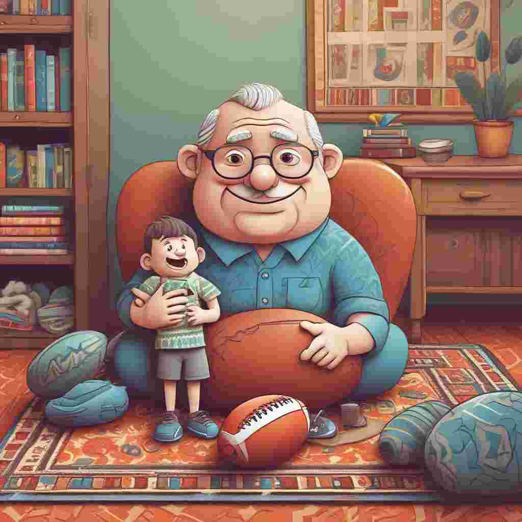 Cartoon Cute, Create an illustration of a delightful Father's Day scene that conveys warmth and paternal charm without depicting an actual father. In the foreground, place a plush and brightly colored rugby ball, with a heartfelt 'Happy Father's Day' message written on it, resting comfortably on a soft, intricately patterned rug. Behind the rugby ball, there's a fashionable miniature wooden bar. The top shelf of this bar is decorated with a variety of charming, tiny Jaguar car toys. A cartoon-styled special edition whisky bottle is the main highlight of this shelf. The entire scene should be designed with joyful details and a color scheme that induces a sense of playful nostalgia.
Generated with these themes: Jaguar cars, Whisky, and Rugby.
Made with ❤️ by AI.