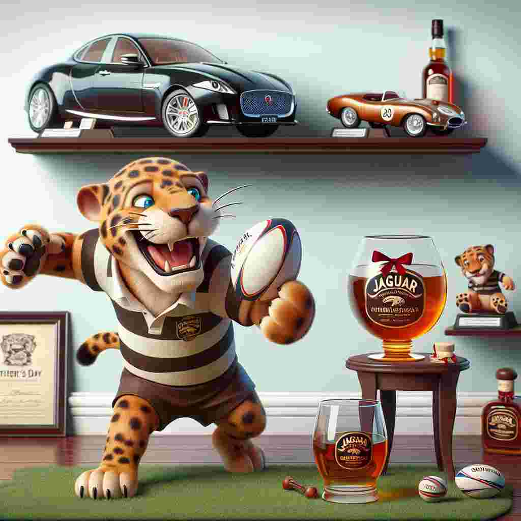 Imagine a playful, animated jaguar at the center of a Father's Day themed cartoon scenario, despite the absence of a father figure. The jaguar is clad in a rugby jersey, its padded paw engaging with a rugby ball in a playful manner. A line of scaled-down, glossy models of Jaguar cars decorates a shelf in the background, providing an element of sophistication and interest. A bottle of high-quality whisky, adorned with a ribbon, complements an oversized, cartoon-like glass on a small side table, capturing the essence of celebration and traditional male interests.
Generated with these themes: Jaguar cars, Whisky, and Rugby.
Made with ❤️ by AI.