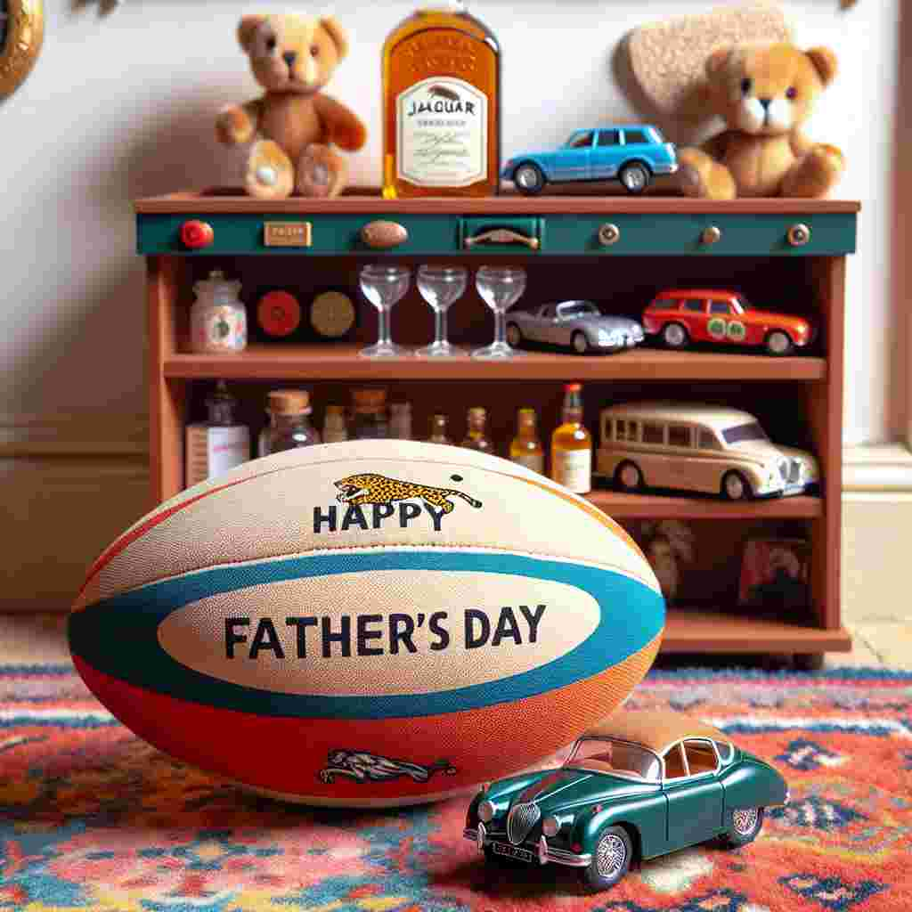 Create an illustration of a delightful Father's Day scene that conveys warmth and paternal charm without depicting an actual father. In the foreground, place a plush and brightly colored rugby ball, with a heartfelt 'Happy Father's Day' message written on it, resting comfortably on a soft, intricately patterned rug. Behind the rugby ball, there's a fashionable miniature wooden bar. The top shelf of this bar is decorated with a variety of charming, tiny Jaguar car toys. A cartoon-styled special edition whisky bottle is the main highlight of this shelf. The entire scene should be designed with joyful details and a color scheme that induces a sense of playful nostalgia.
Generated with these themes: Jaguar cars, Whisky, and Rugby.
Made with ❤️ by AI.