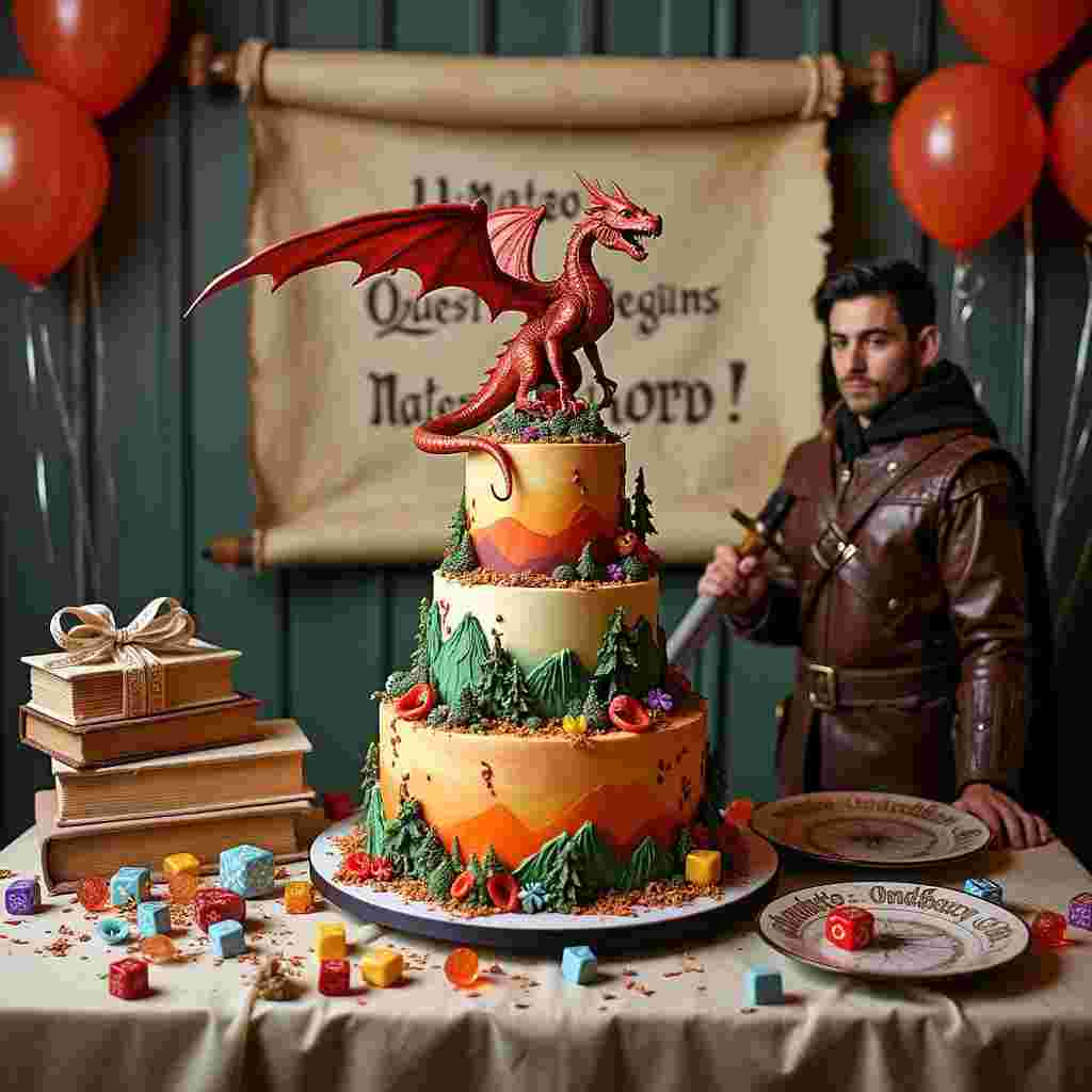 The scene opens with Matteo, clad in a rogue's leather armor, poised with a mock sword beside a giant, fondant dragon perched atop an exquisitely tiered birthday cake. The fiery colors of the cake's icing represent the dragon's breath, while the layers showcase a landscape of mountains and valleys made of marzipan. Above this display, a flag banner featuring the iconic Dungeons and Dragons ampersand weaves amongst a forest of balloon-tipped lances. On the table, beside a stack of gift-wrapped boxes resembling ancient, rune-covered tomes, lie intricate character sheet placemats and a multitude of colorful polyhedral dice used as confetti. A parchment scroll unfurled on the wall has 'Matteo's Quest Begins' inscribed in bold, archaic script, compelling partygoers to embark on a birthday adventure.
Generated with these themes: Dungeons and Dragons.
Made with ❤️ by AI.