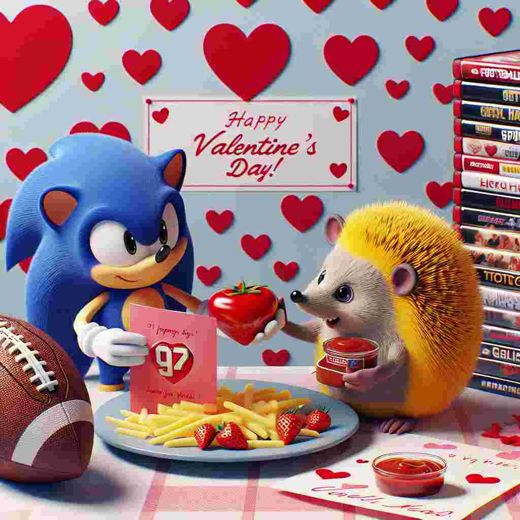 In this charming Valentine's Day scene, a swift blue hedgehog presents a yellow rodent-like creature with a football team-themed Valentine card, against a backdrop of heart-patterned wallpaper. Nearby, you find a collection of romantic genre DVDs spread around, with a festive meal they are preparing to enjoy. This meal comes with tomato ketchup served in an adorable container shaped like a love heart. The setting radiates a playful and affectionate ambience, making it fitting for the occasion.
Generated with these themes: Pikachu, Sonic the hedgehog, DVDs , Tomato ketchup, and Liverpool FC.
Made with ❤️ by AI.
