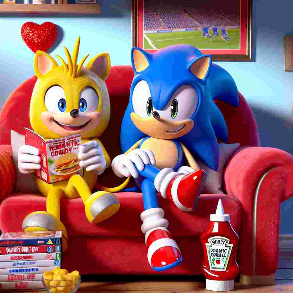 A playful scene for Valentine's Day featuring a yellow, electric rodent-like cartoon character and a blue, speedy, anthropomorphic hedgehog character sitting together on a puffy red couch. They are enjoying a good laugh over romantic comedy DVDs. The room's decoration signifies their mutual admiration for a popular football team, with memorabilia dotted across the room. A heart-shaped bottle of ketchup positions itself on a small table, symbolising an eccentric touch to celebrate their Valentine's Day snacks.
Generated with these themes: Pikachu, Sonic the hedgehog, DVDs , Tomato ketchup, and Liverpool FC.
Made with ❤️ by AI.