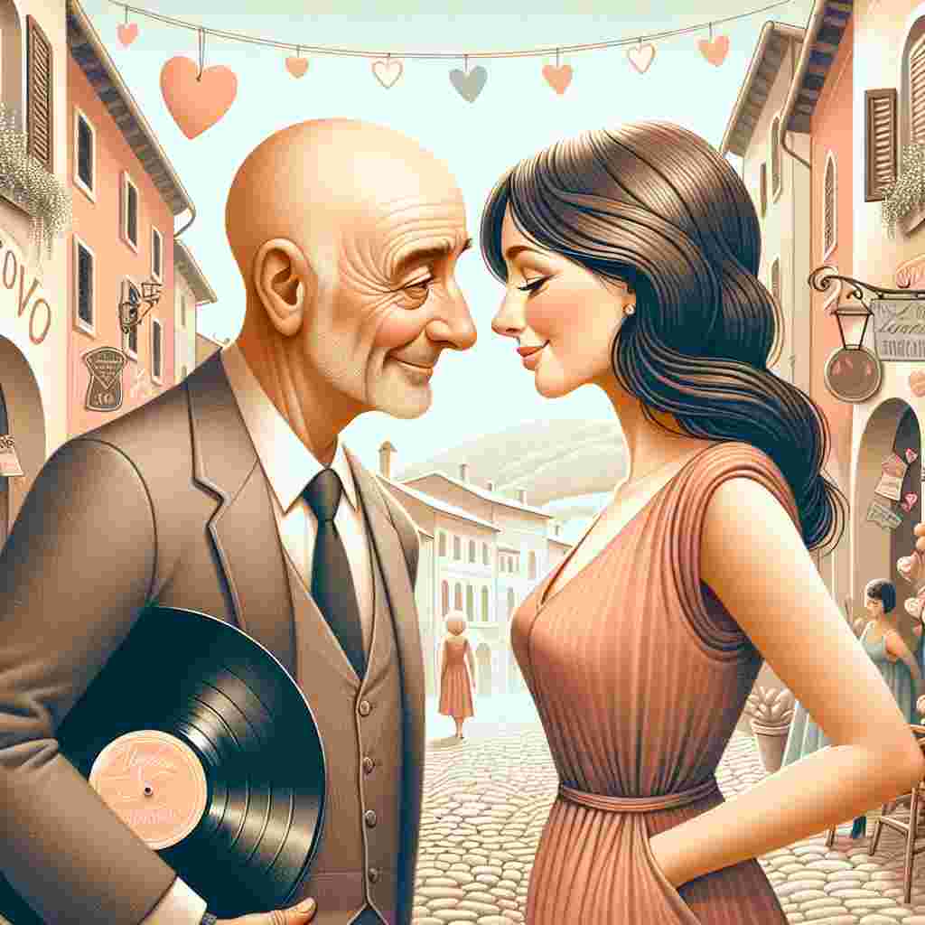 Create a whimsical Valentine's Day illustration that portrays a Caucasian middle-aged couple sharing an intimate moment while walking through a picturesque Italian village. The man, distinguished by his bald head and vinyl record tucked under his arm, looks lovingly into the eyes of the woman who has brunette hair. The surroundings are charming cobblestone streets adorned with symbols of love. This image is intended to depict the heartfelt and enduring bond between the couple.
Generated with these themes: Walking, Vinyl records, Italy, White middle aged couple. bald headed man and brunette haired lady., and Love.
Made with ❤️ by AI.