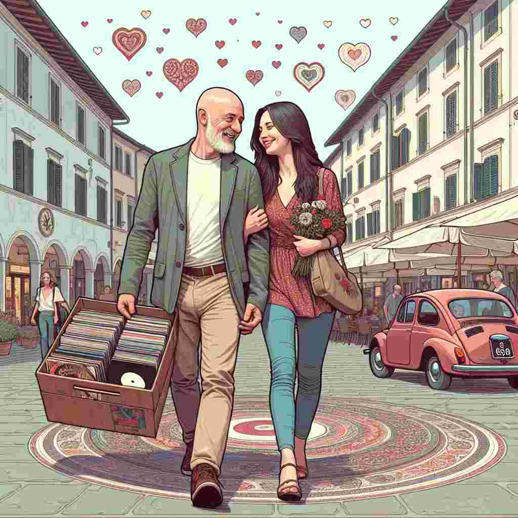 Create a romantic Valentine's Day illustration featuring a middle-aged Caucasian couple walking affectionately hand in hand through a quintessential Italian piazza. Visualize the man as bald and exuding joy, carrying a pile of vinyl records signifying their shared hobbies. His partner is a brunette woman. Incorporate hearts and motifs that symbolize love into the scenery subtly, encapsulating the spirit of Valentine's Day in this artistic conveyance of love and the joys of simple life.
Generated with these themes: Walking, Vinyl records, Italy, White middle aged couple. bald headed man and brunette haired lady., and Love.
Made with ❤️ by AI.