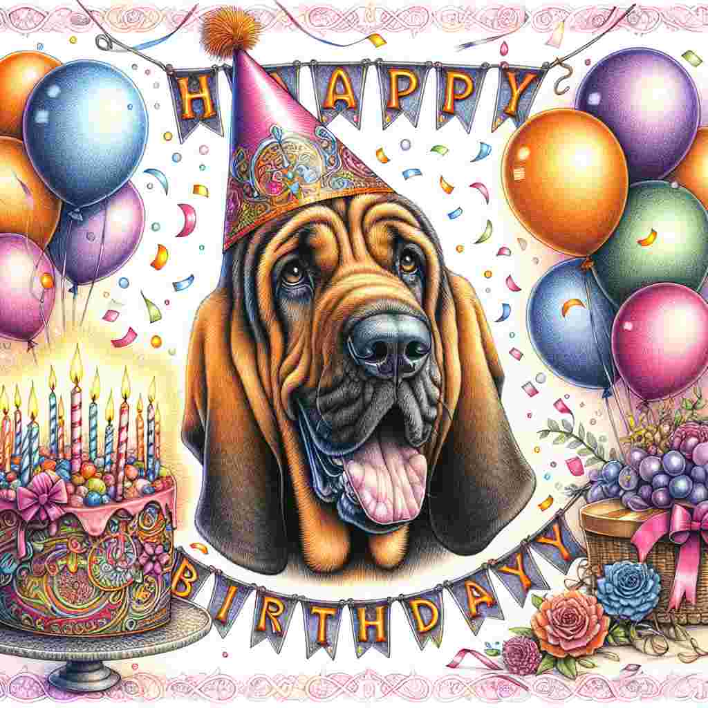 A whimsical illustration features a cheerful bloodhound wearing a party hat, surrounded by colorful balloons and a cake with lit candles on a table. A banner above reads 'Happy Birthday' in playful lettering, with confetti gently falling in the background.
Generated with these themes: Bloodhound  .
Made with ❤️ by AI.