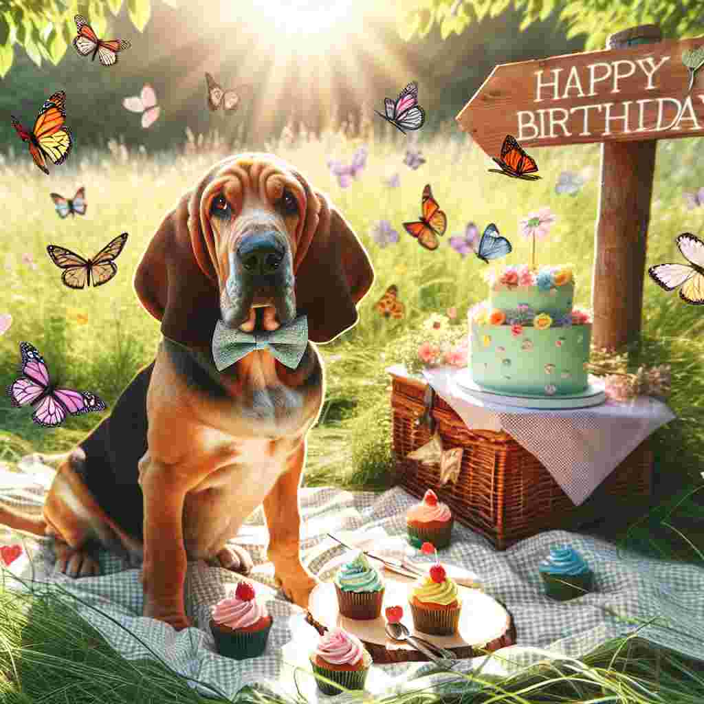 In a sun-kissed meadow, an adorable bloodhound with a bow tie is depicted amidst a flutter of butterflies. 'Happy Birthday' is inscribed on a wooden signpost, with a picnic blanket laid out nearby, covered in an assortment of cupcakes and a small birthday cake for a serene outdoor celebration.
Generated with these themes: Bloodhound  .
Made with ❤️ by AI.