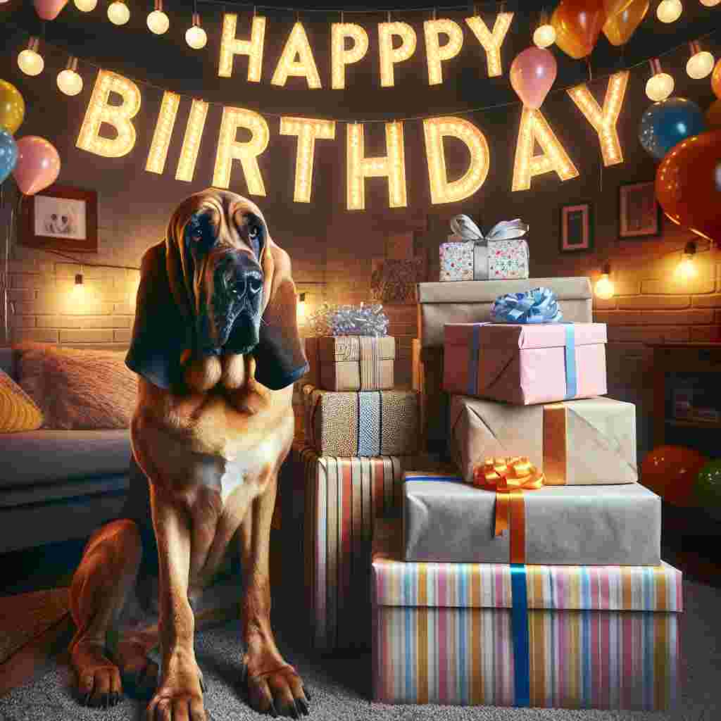 The scene is set in a cozy room where a gentle bloodhound sits beside a pile of wrapped gifts. Above its head, 'Happy Birthday' is spelled out with stringed letters, while streamers and paper lanterns hang from the ceiling, adding a festive touch to the celebration.
Generated with these themes: Bloodhound  .
Made with ❤️ by AI.