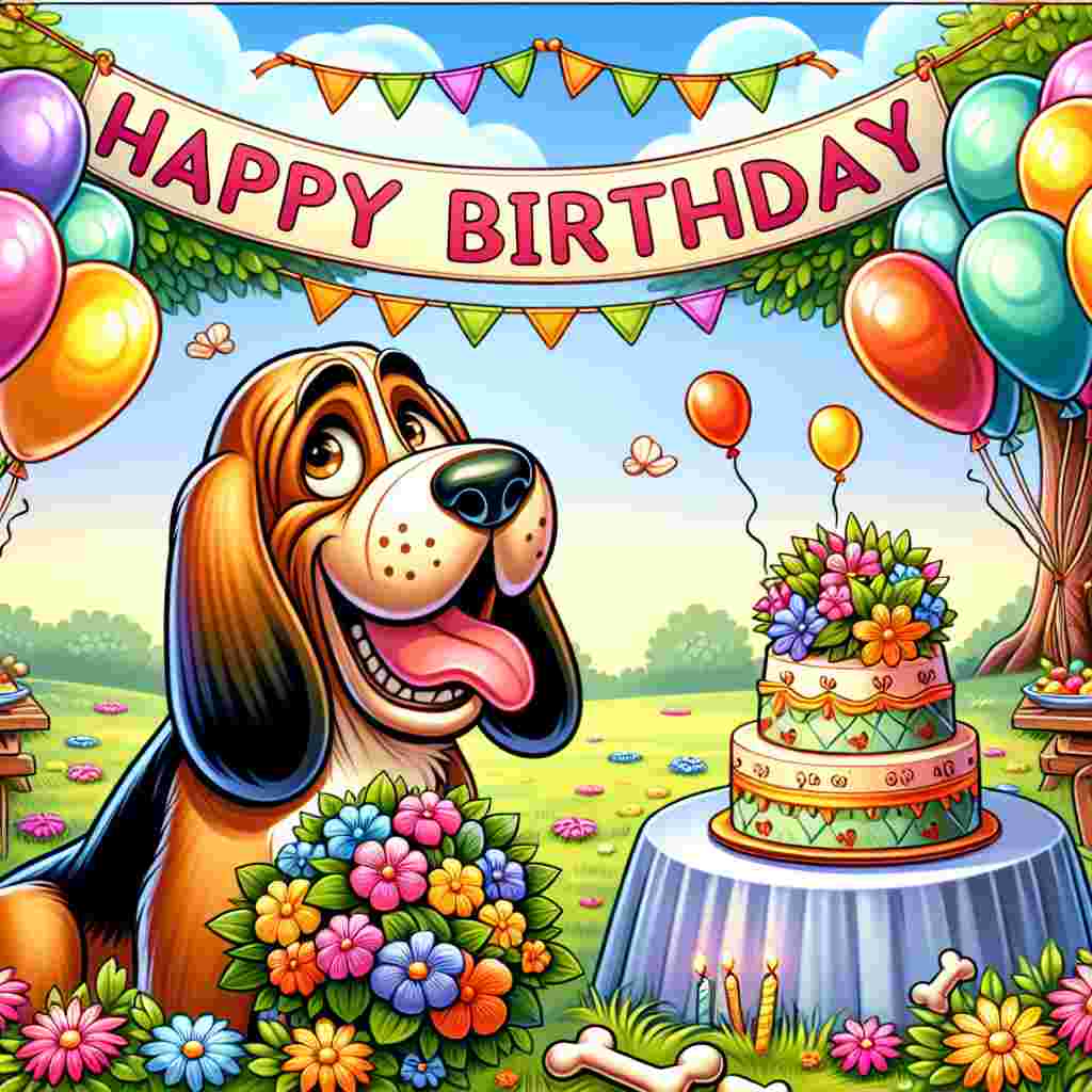 A cartoon-style drawing shows a bloodhound with a wide smile holding a bouquet of balloons, standing in a field of flowers. In the background, a banner saying 'Happy Birthday' is draped between two trees, under which a table is set with a bone-shaped birthday cake and party favors.
Generated with these themes: Bloodhound  .
Made with ❤️ by AI.